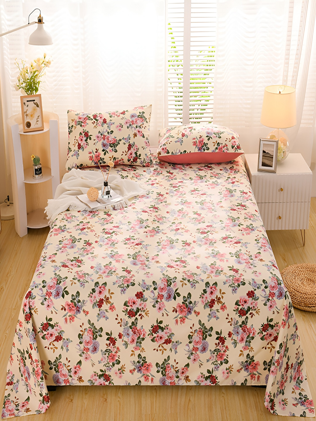 JC HOME Ananda White Floral Cotton 220 TC Queen Fine Bedsheet with 2 Pillow Covers-96 x 98 inches