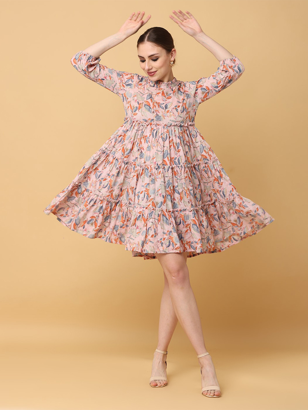 Cora Floral Print Round Neck Puff  Sleeves Tiered Fit & Flare Dress