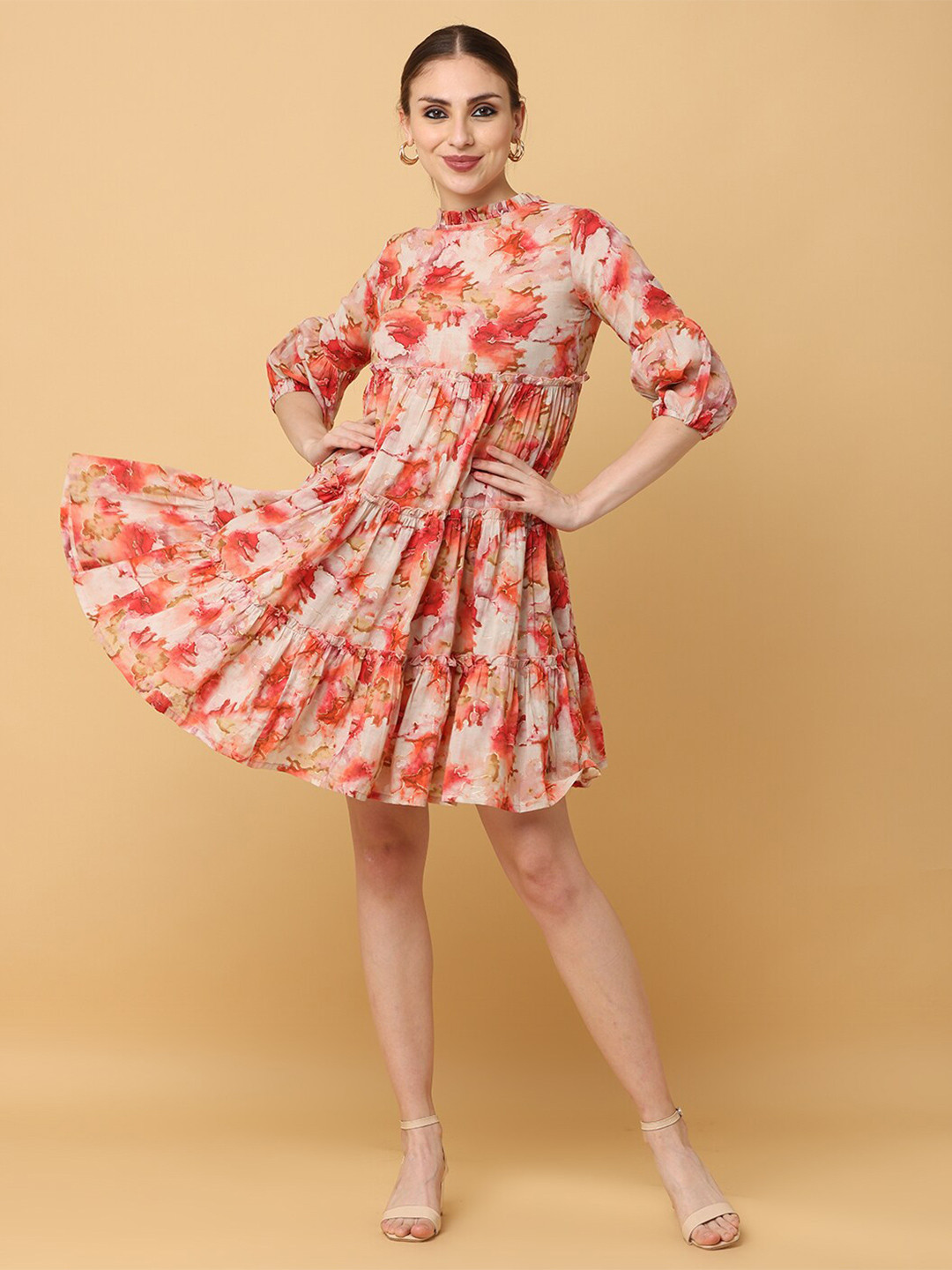Cora Floral Print Ruffled High Neck Three-Quarter Puff Sleeves Tiered Midi Dress