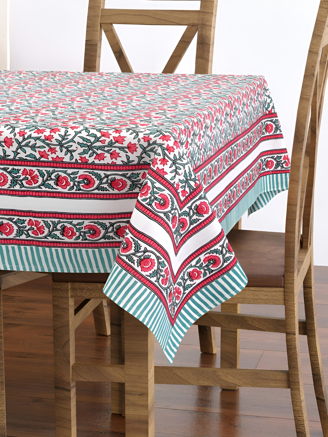 BLOCKS OF INDIA Turquoise Blue Ethnic Motifs Cotton 6-Seater Table Cover