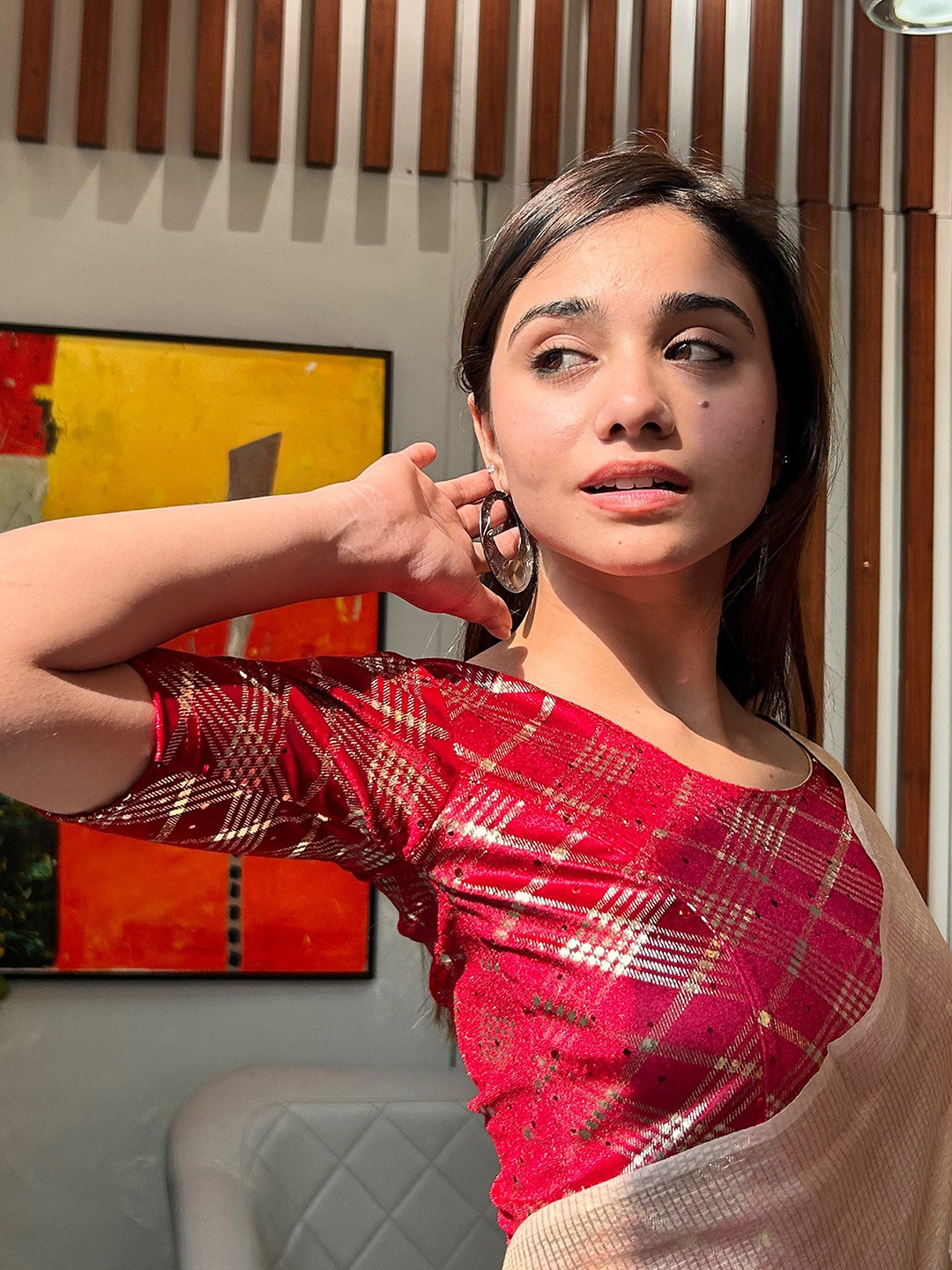 Bindigasm's Advi Checked Velvet Stretchable Sreee Blouse With Sequinned detail