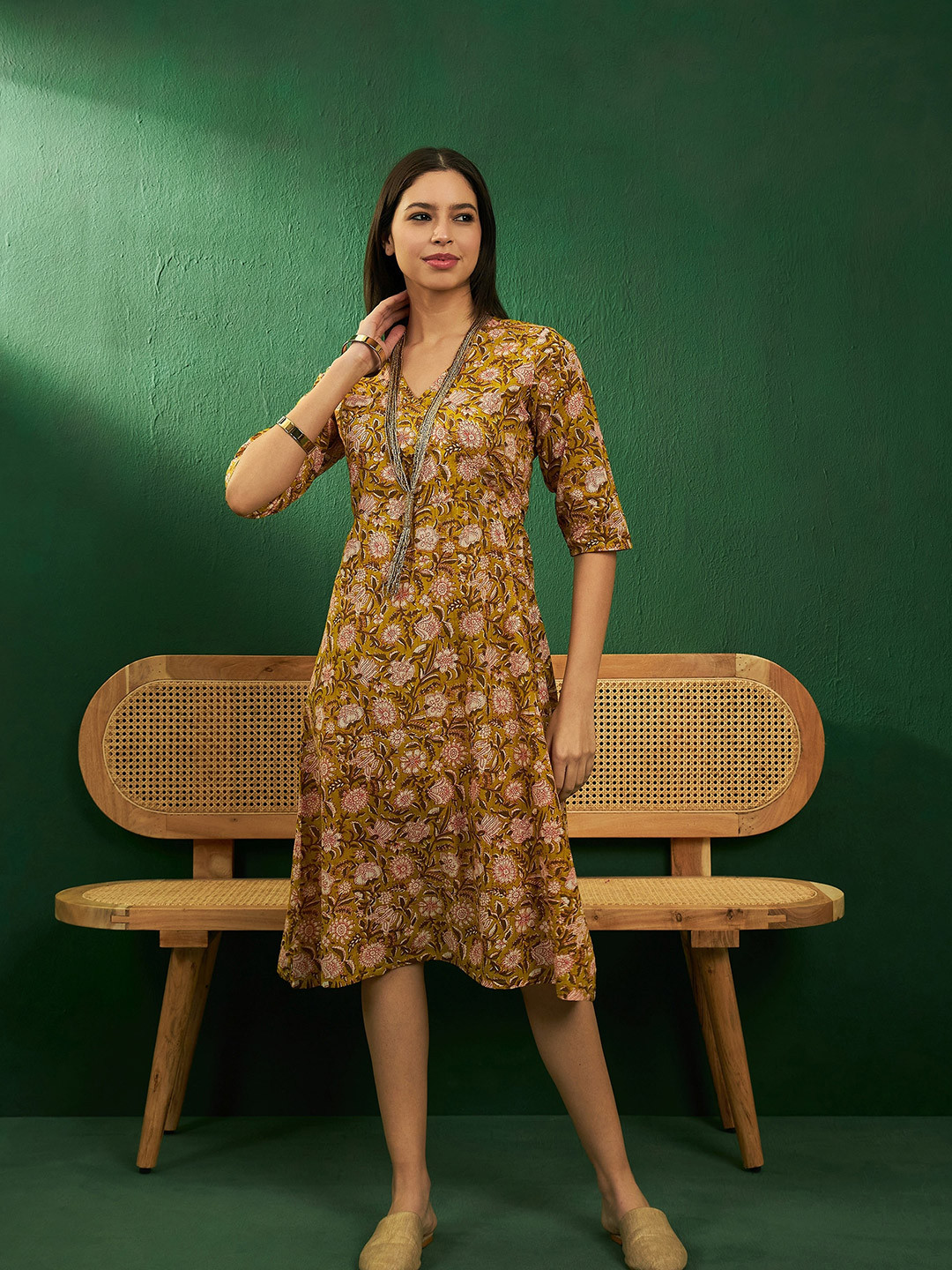 Sangria Floral Printed A-Line Angrakha Cotton Ethnic Dress