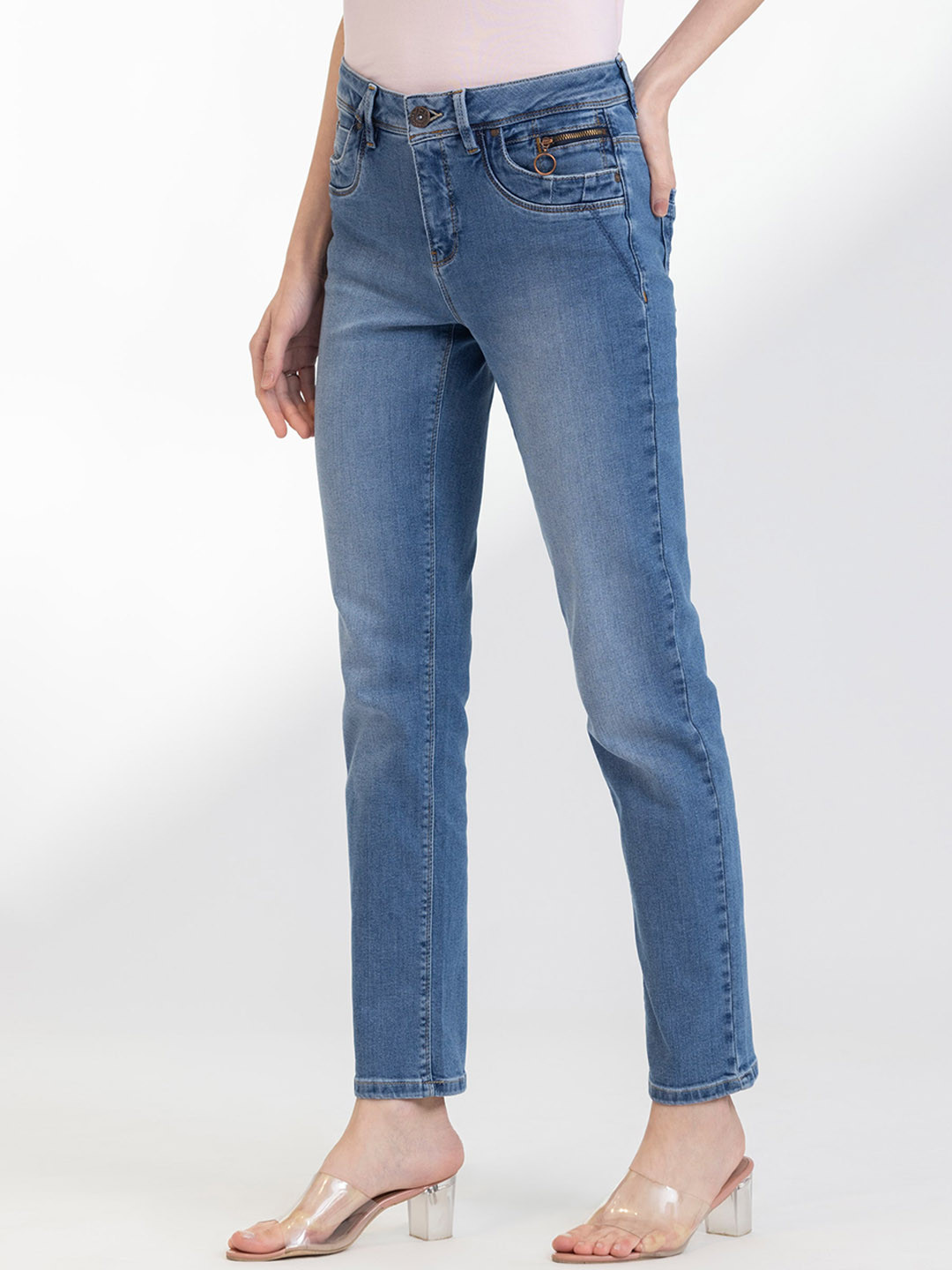 B.Copenhagen Women Straight Fit High-Rise Light Fade Cotton Canvas Stretchable Jeans