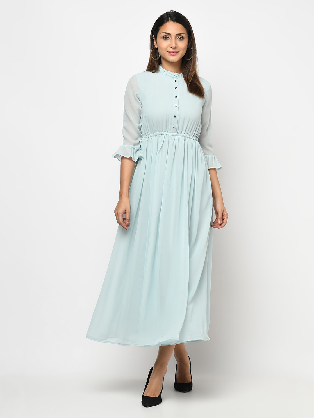 Purple State Flared Sleeves Georgette Fit & Flare Maxi Dress