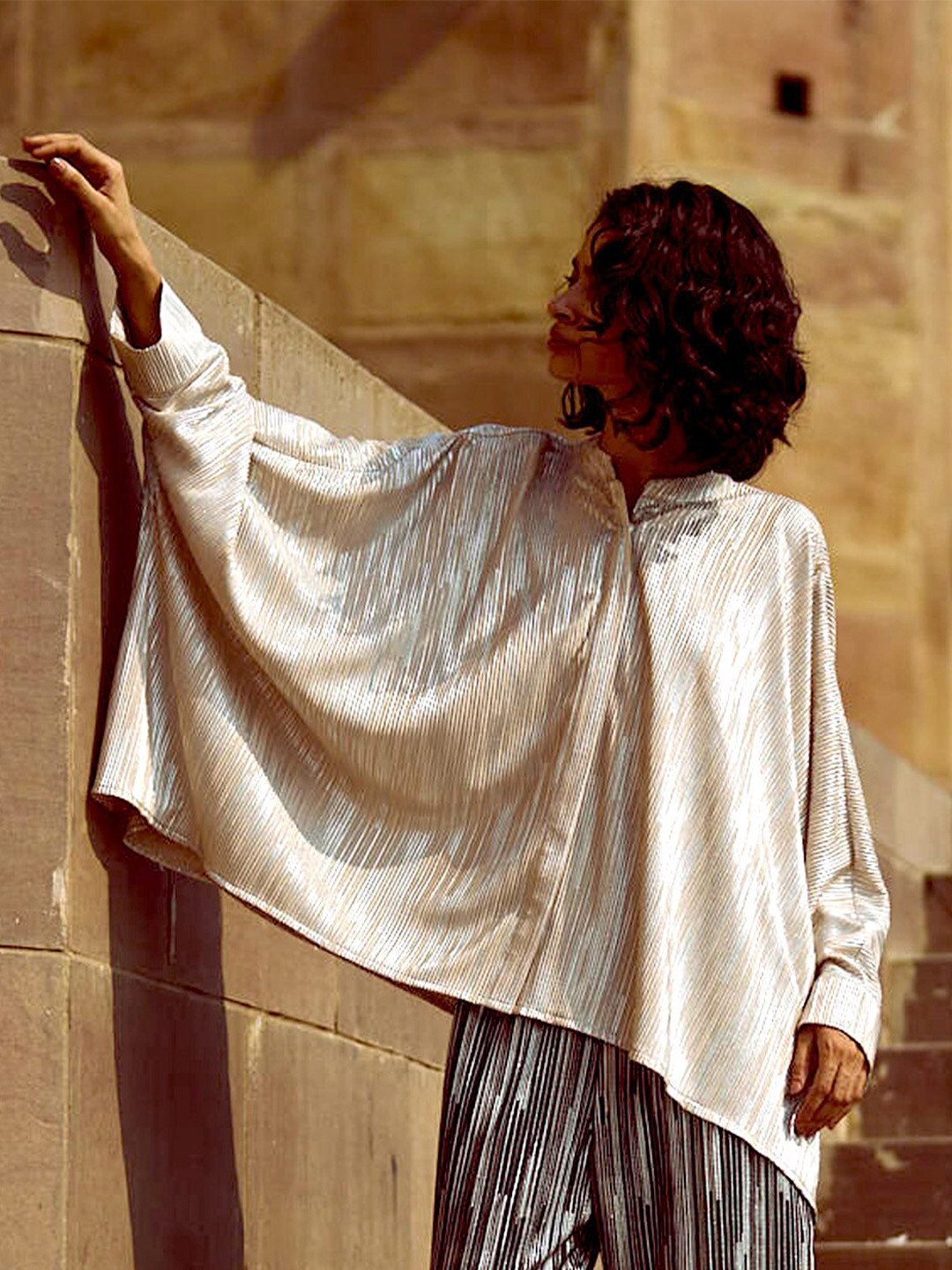 Dash and Dot Foil Printed Mandarin Collar Long Sleeves Boxy Top