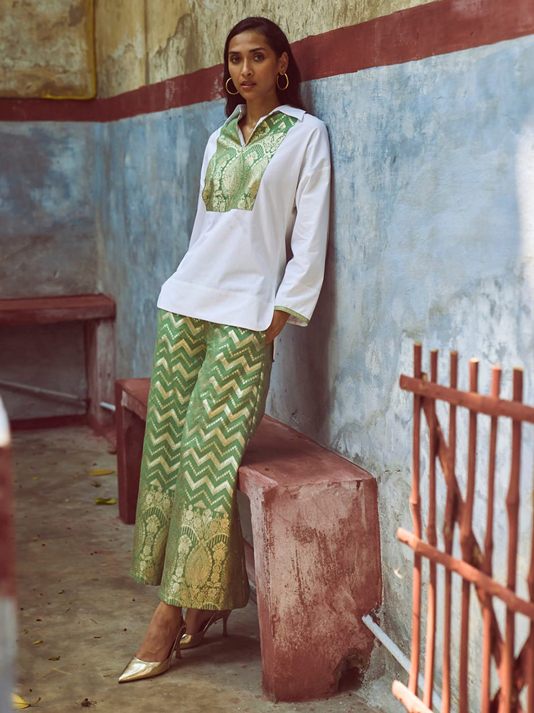 Dash and Dot Ethnic Yoke Design Shirt Collar Cotton Top