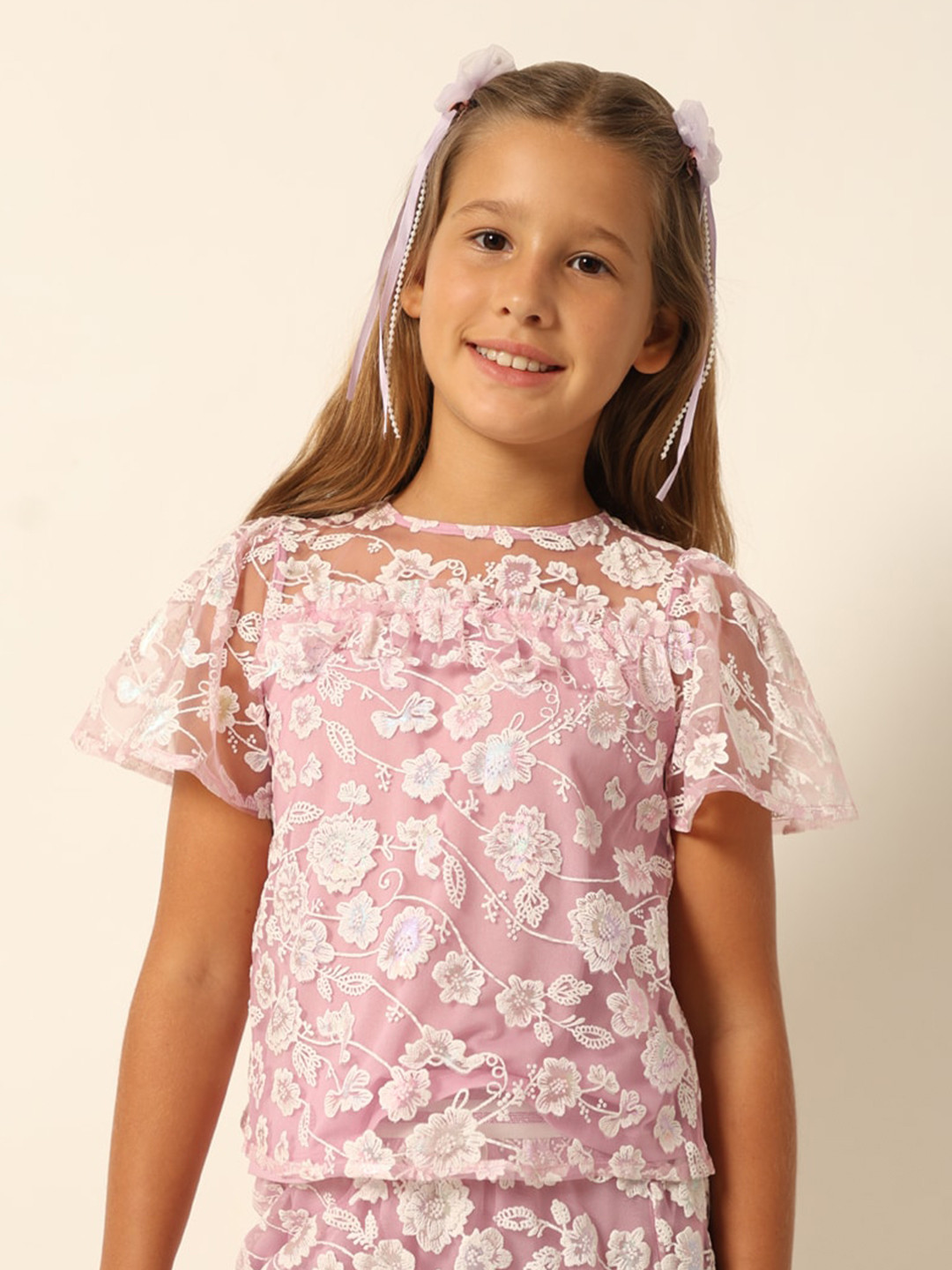 Vero Moda Girls Floral Print Flared Sleeves Round Neck Top