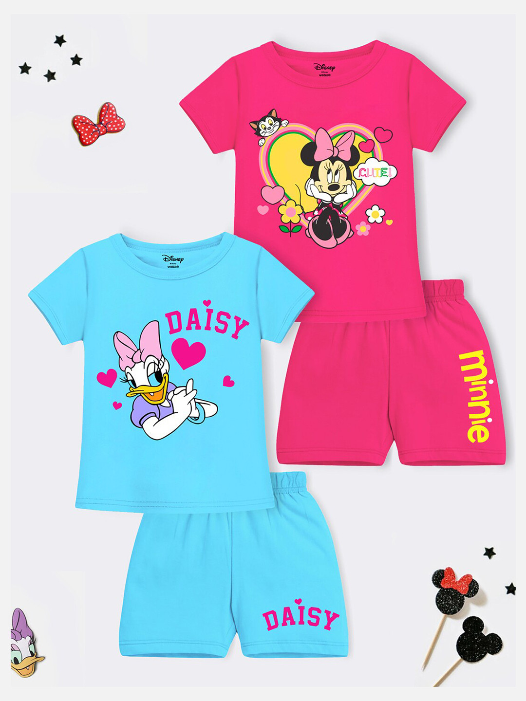 YK Disney Girls Pack Of 2 Minnie Mouse & Daisy Printed T-shirts with Shorts