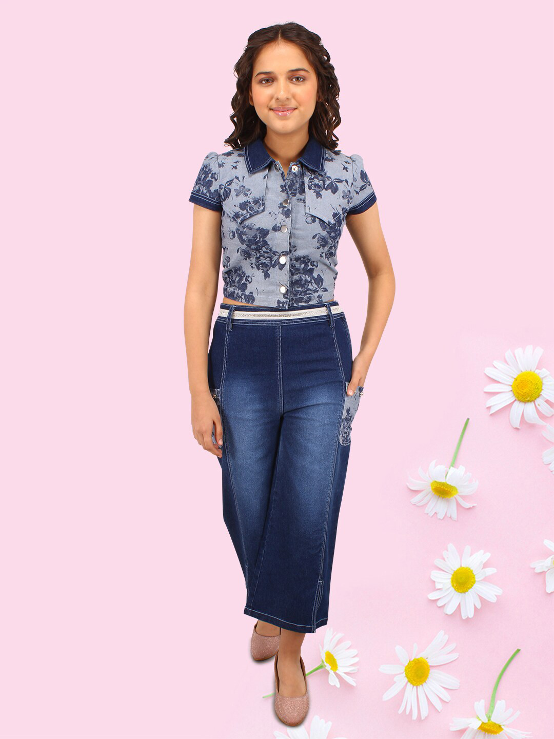CUTECUMBER Girls Floral Printed Shirt Collar Top With Jeans