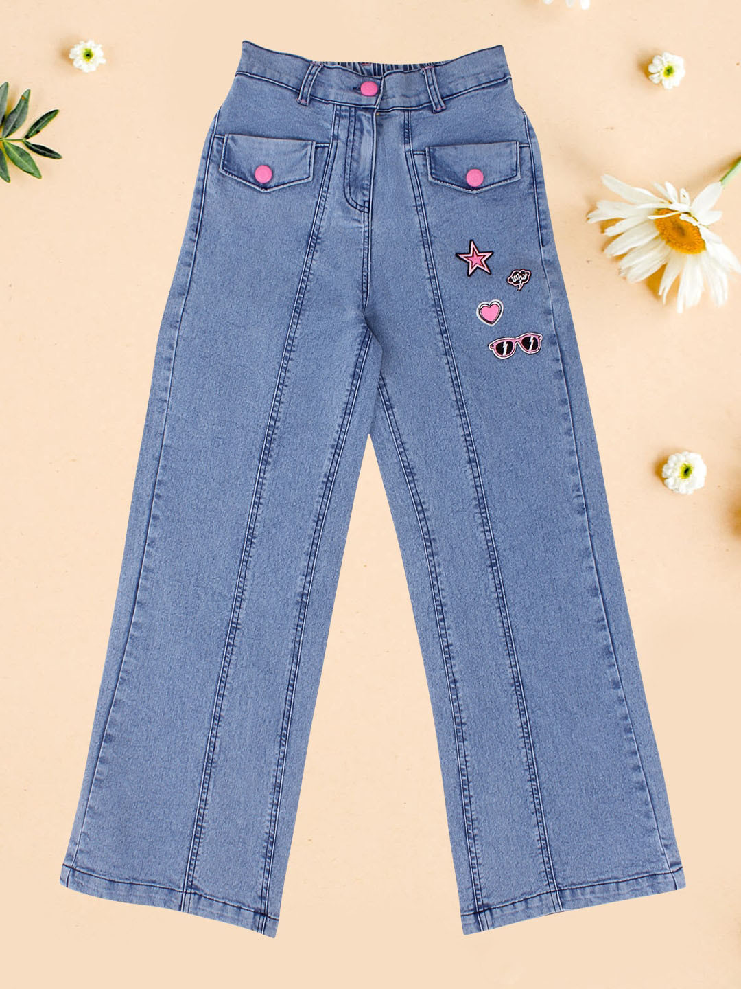 CUTECUMBER Girls Mid-Rise Embroidered Dark Shade Clean Look Denim Cotton Jeans