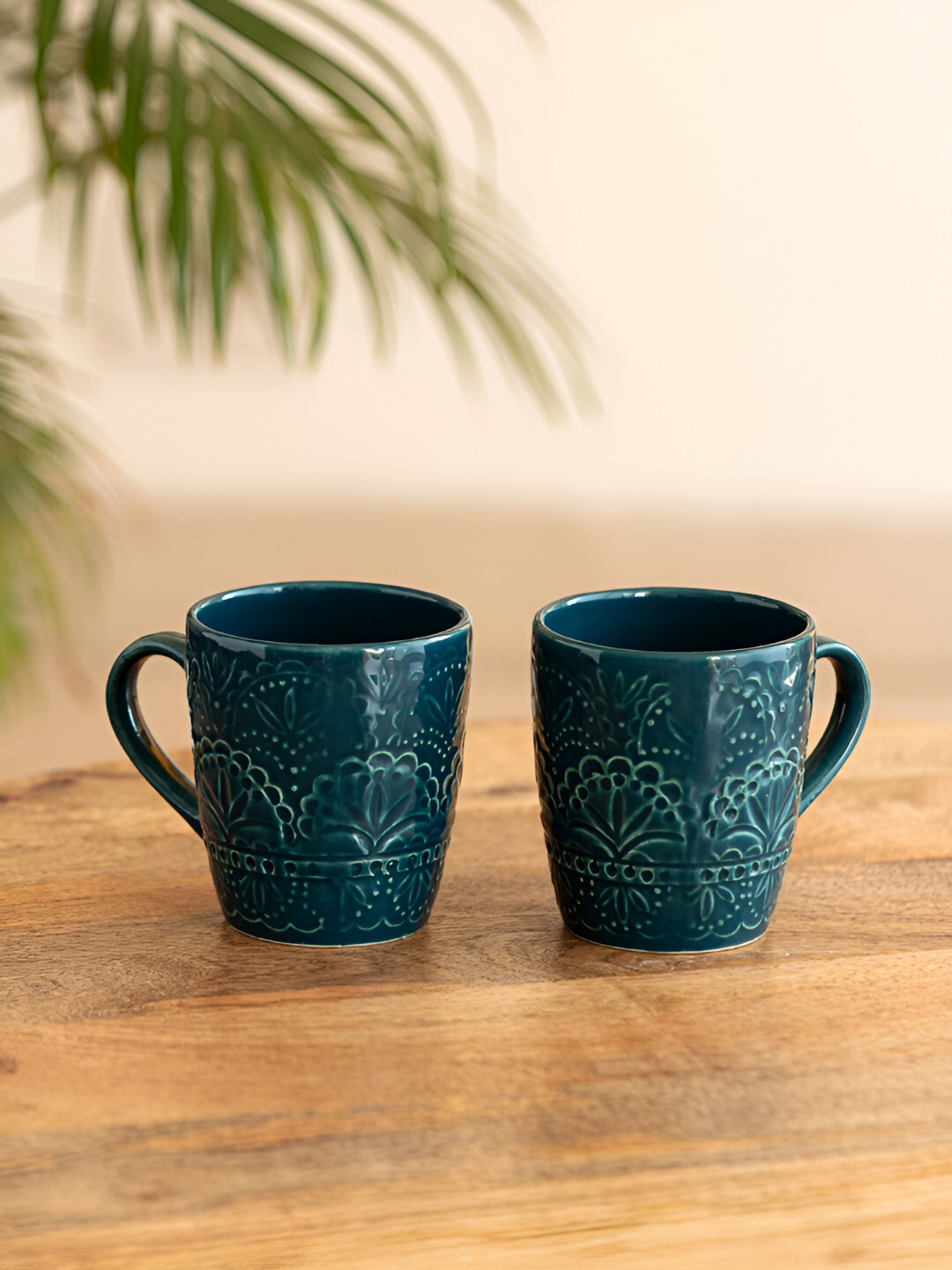 ExclusiveLane Set of 2 Teal Forest Hand Glazed Ceramic Glossy Tea & Coffee Mug 180 ml