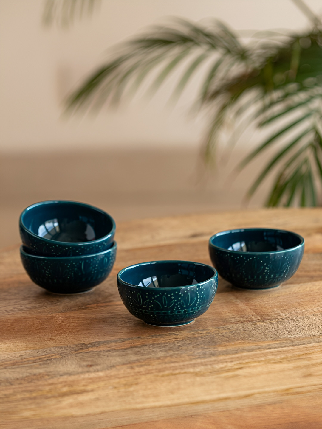 ExclusiveLane 4 Pieces Teal Forest Hand Glazed Ceramic Microwave Safe Glossy Dinner Bowls