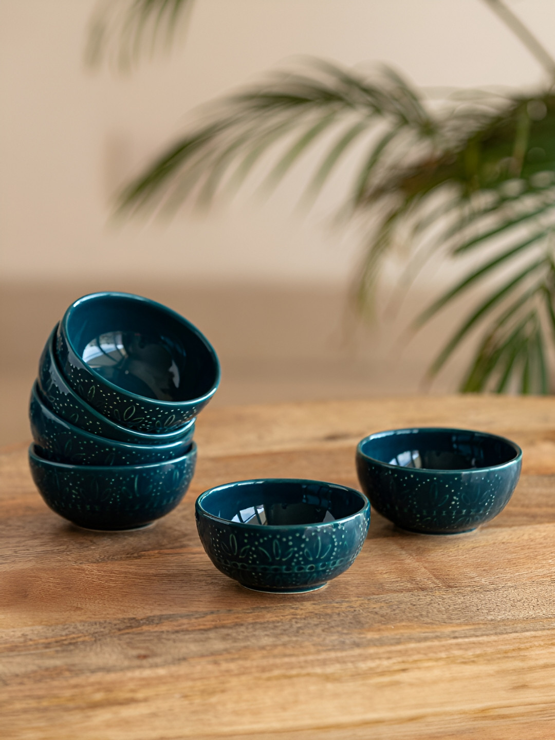 ExclusiveLane 6 Pieces Teal Forest Hand Glazed Ceramic Microwave Safe Glossy Dinner Bowls