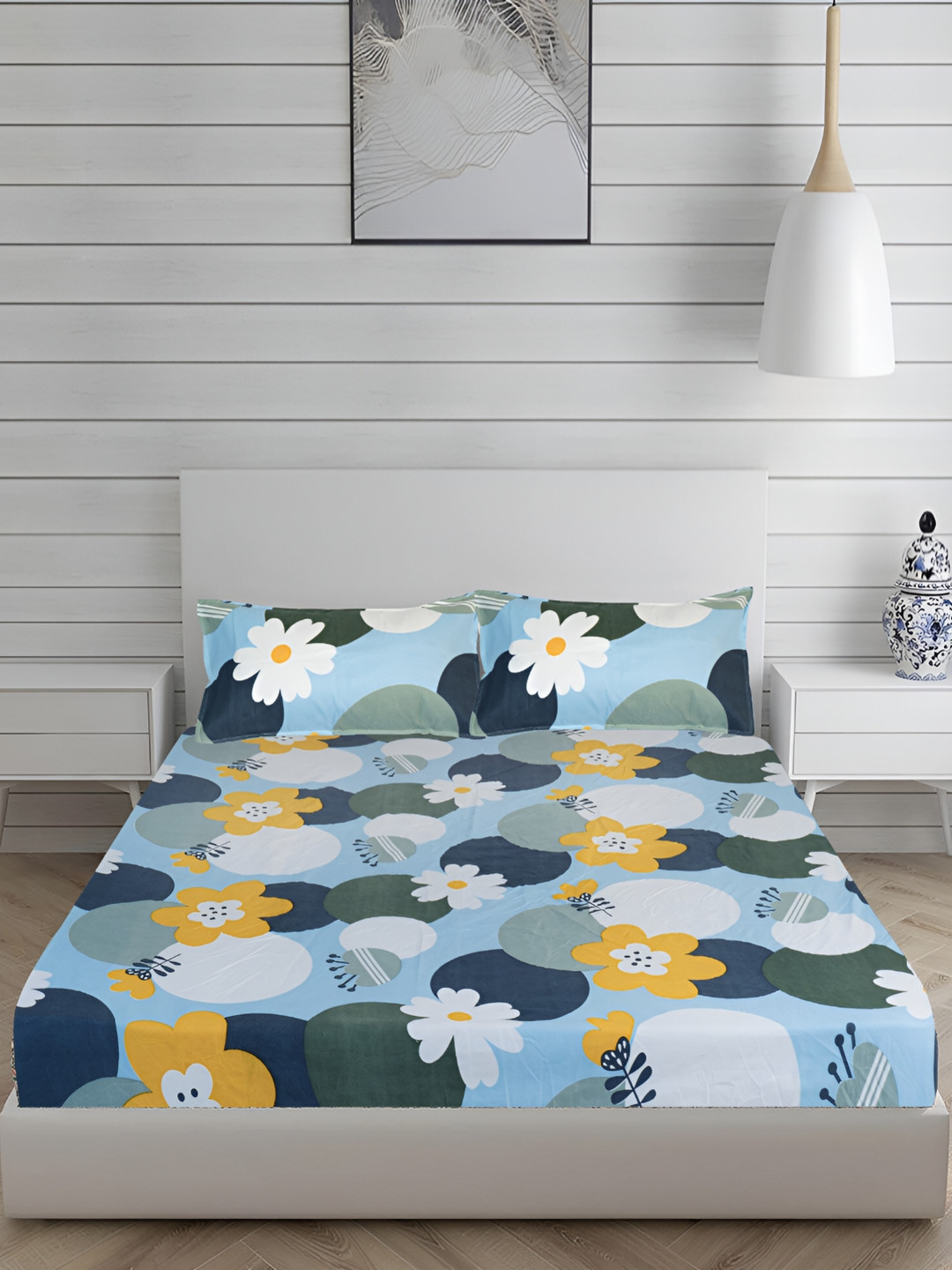 Innovative Edge Lily Turquoise Blue Floral Cotton 300 TC Fitted King Superfine Bedsheet with 2 Pillow Covers-182 x 198 cm