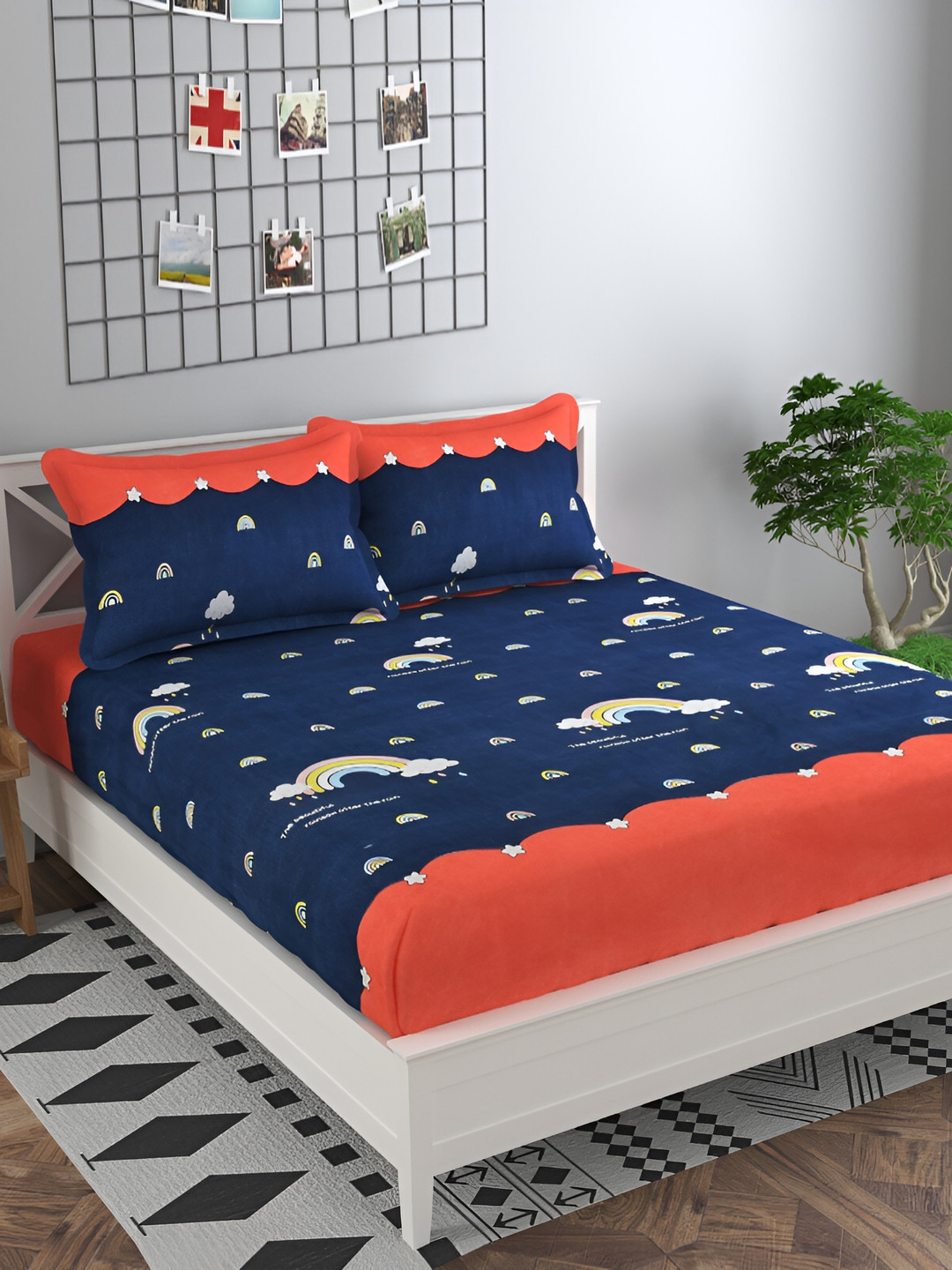 Innovative Edge Blue Graphic Cotton 160 TC Fitted King Superfine Bedsheet with 2 Pillow Covers-72 x 78 inches