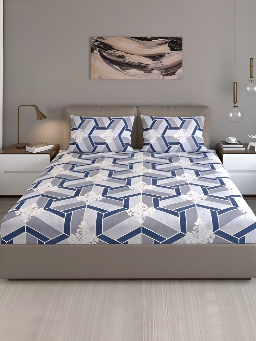 Innovative Edge Grey Abstract Cotton 160 TC Fitted King Superfine Bedsheet with 2 Pillow Covers-72 x 78 inches