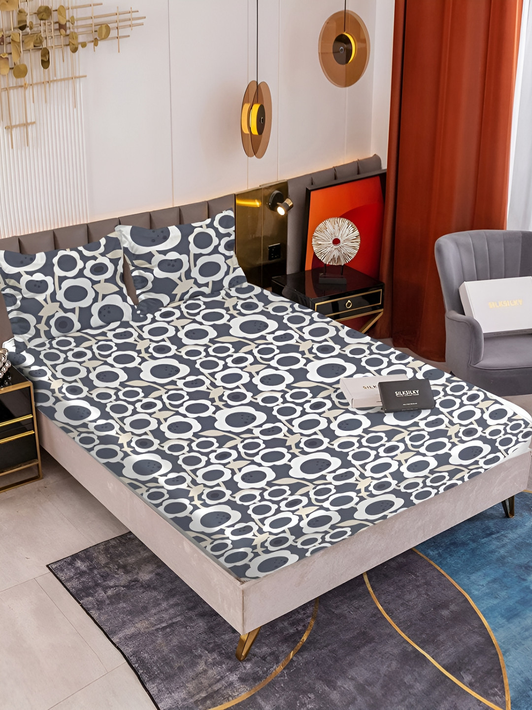 Innovative Edge Grey Floral Cotton 160 TC Fitted King Superfine Bedsheet with 2 Pillow Covers-72 x 78 inches