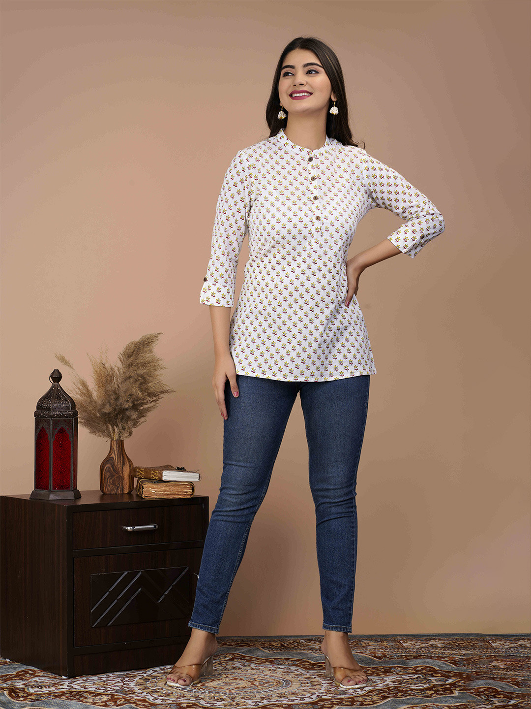 BAESD Floral Printed Mandarin Collar Three-Quarter Roll-Up Sleeves Cotton Top