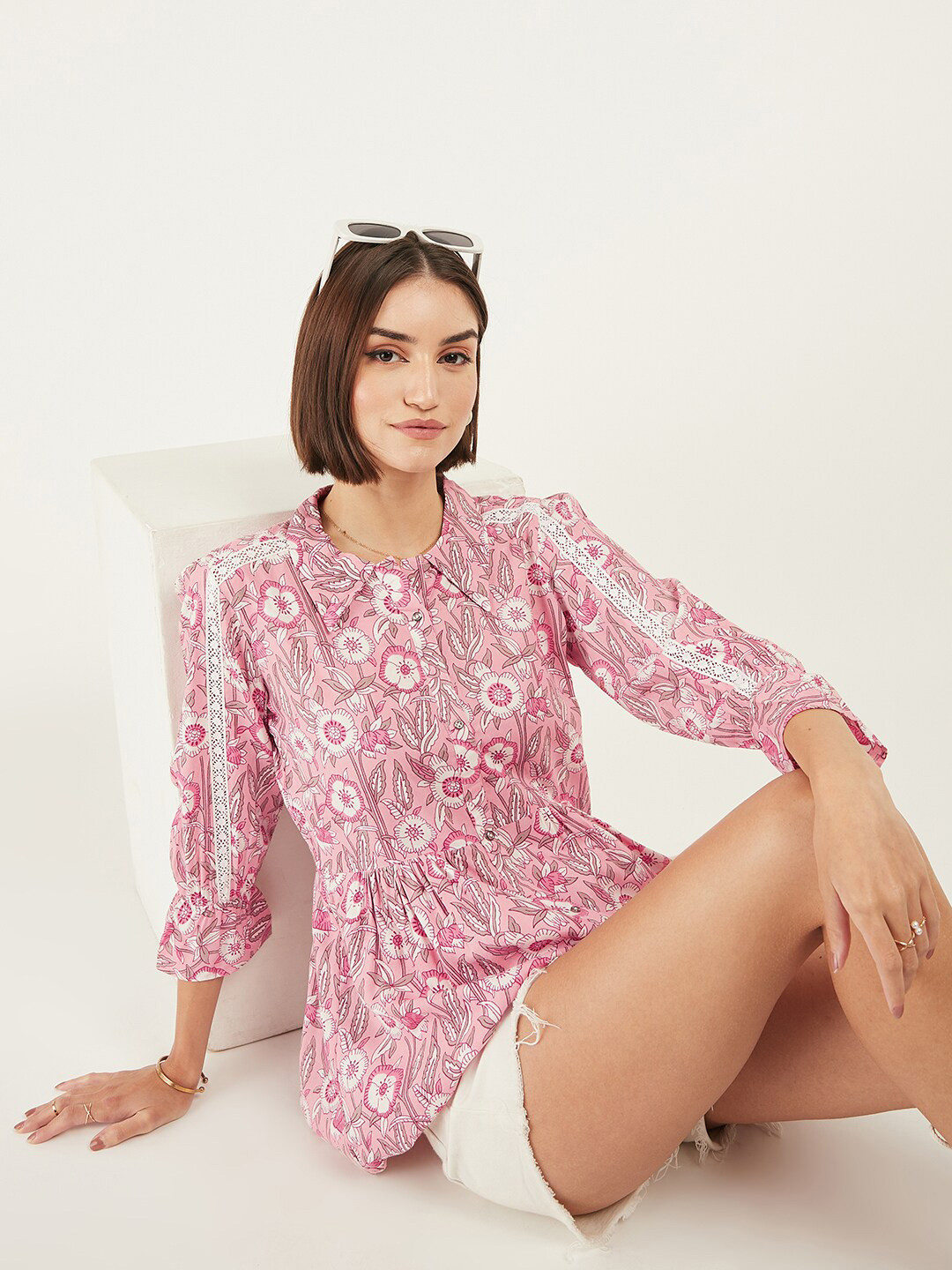 DressBerry Pink Floral Print Shirt Collar Bell Sleeves Shirt Style Top