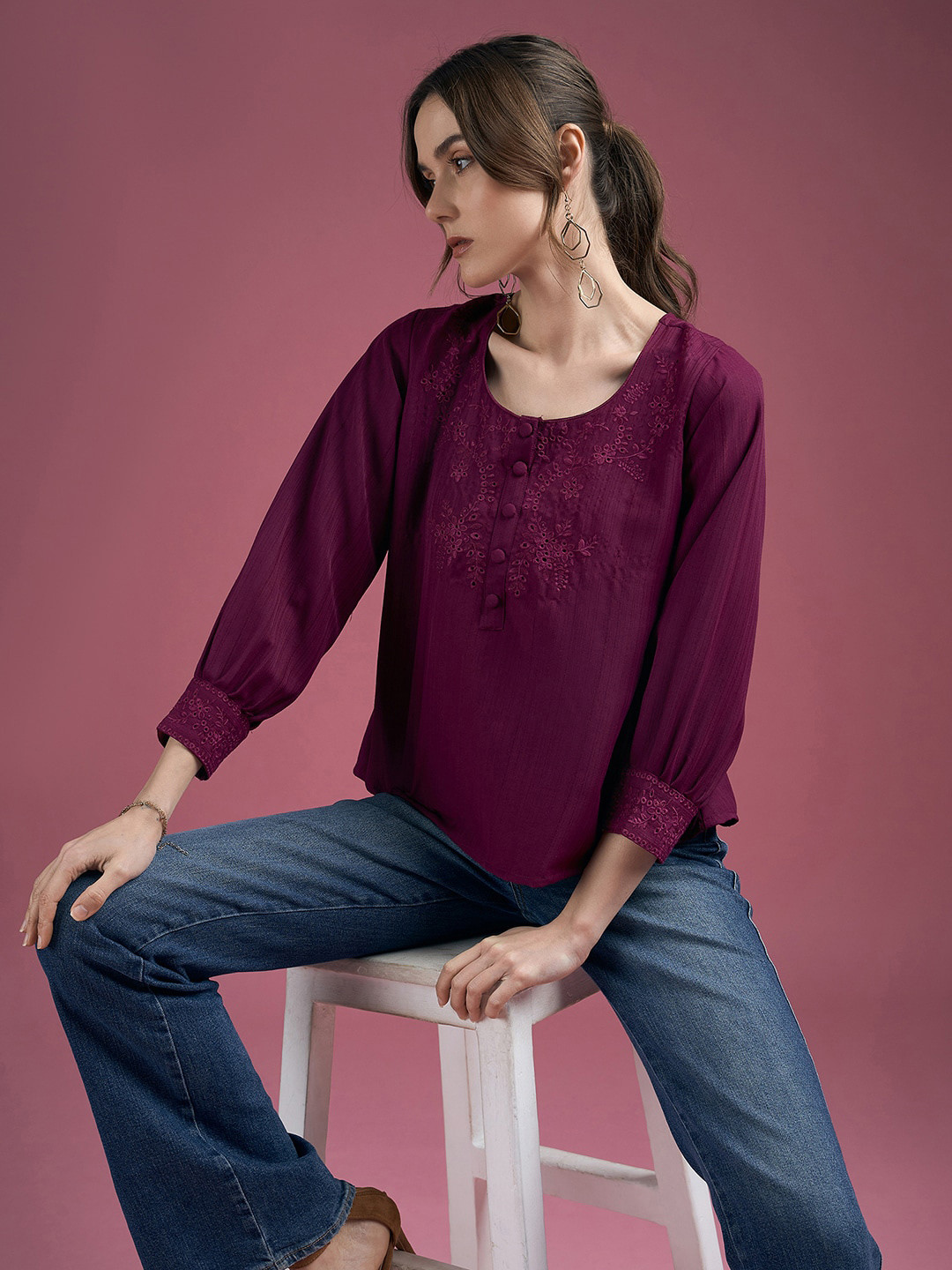 DressBerry Cotton Round Neck Cuffed Sleeves Embroidered Opaque Casual Top