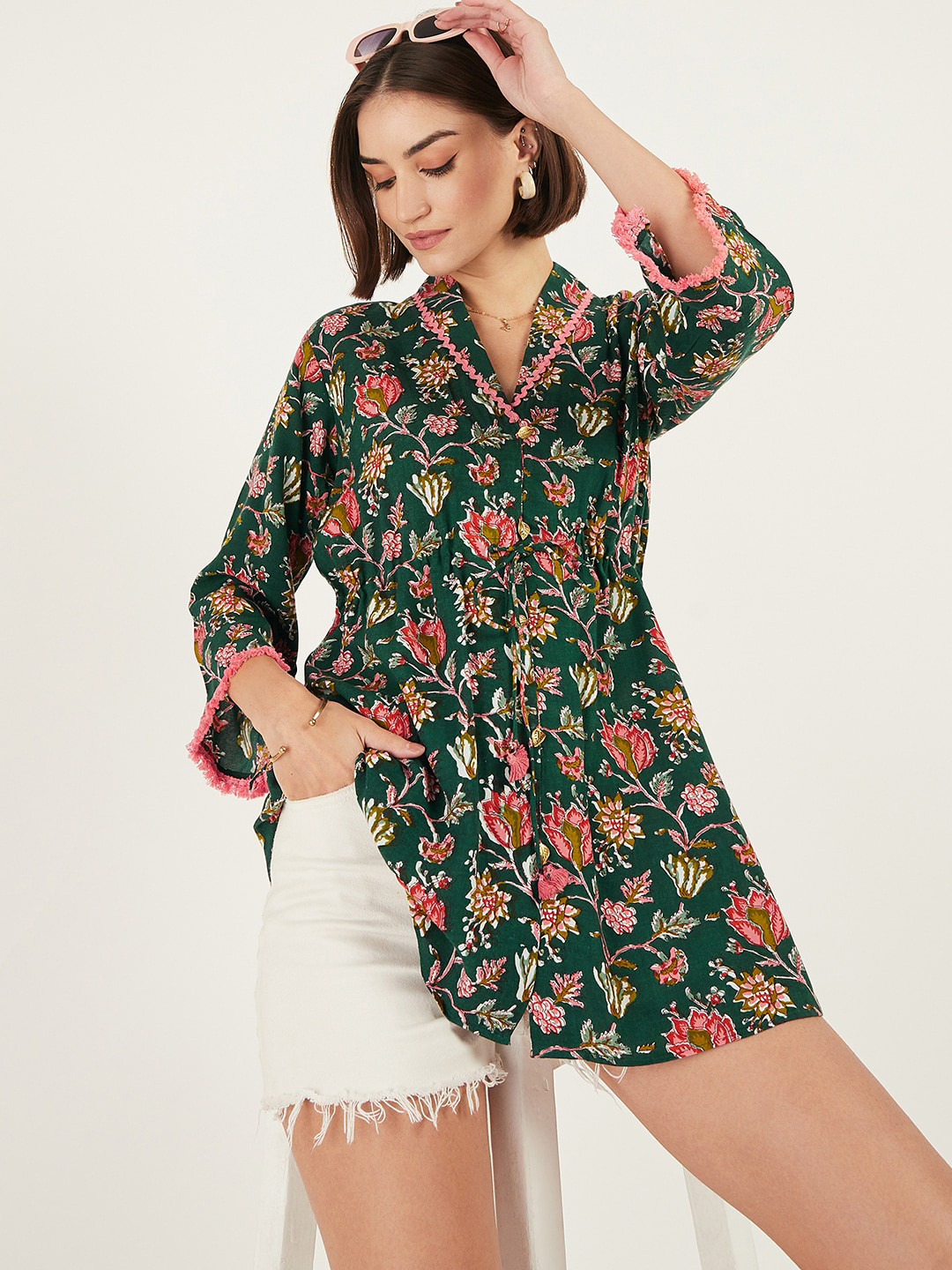 DressBerry Floral Print Cotton Bell Sleeve Waist Tie-Ups Shirt Style Casual Top