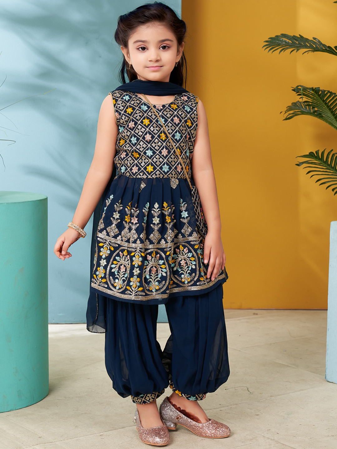 BAESD Girls Ethnic Motifs Embroidered A-Line Thread Work Kurta With Harem Pants & Dupatta