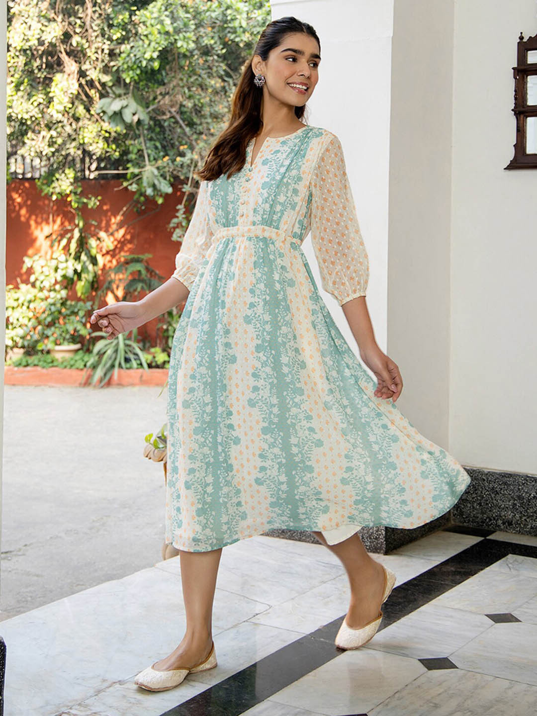 Janasya Dobby Georgette Floral Flared Dress