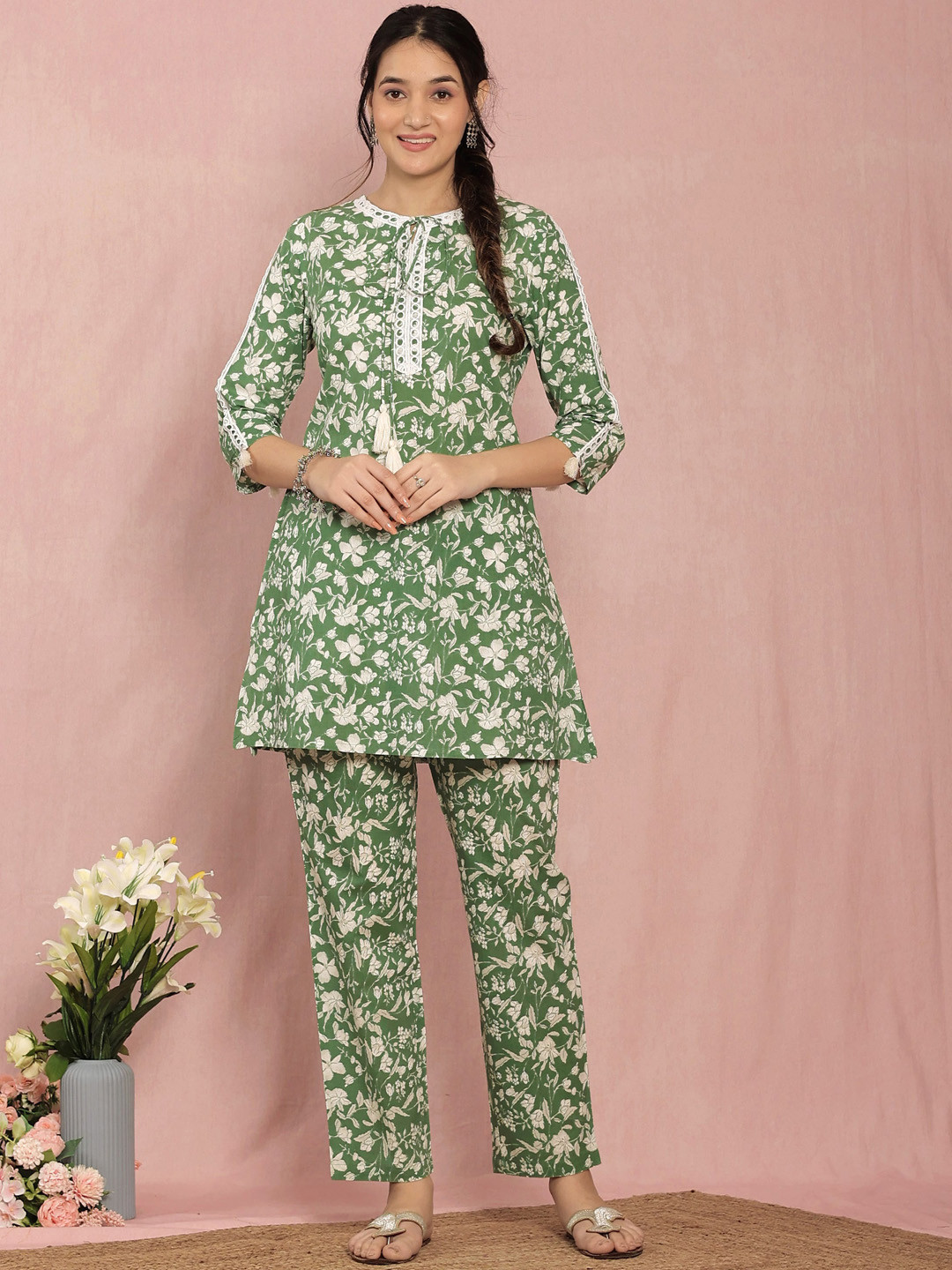 KASYA Floral Printed Pure Cotton A-Line Tunic With Trousers