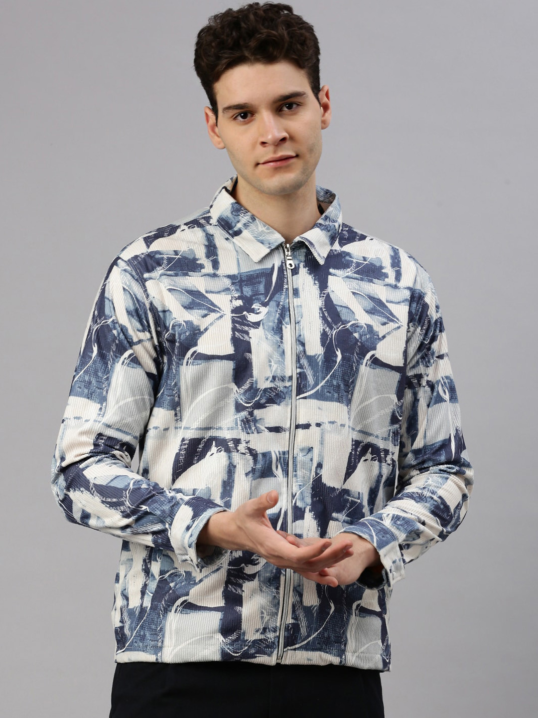 ZEDD Abstract Printed Spread Collar Lightweight Corduroy Cotrise Cotton Tailored Jacket