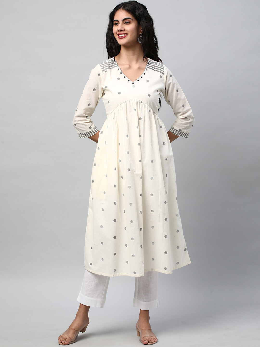 KAMI KUBI Ethnic Motifs Printed Mirror Work Pure Cotton White Romance Kurta