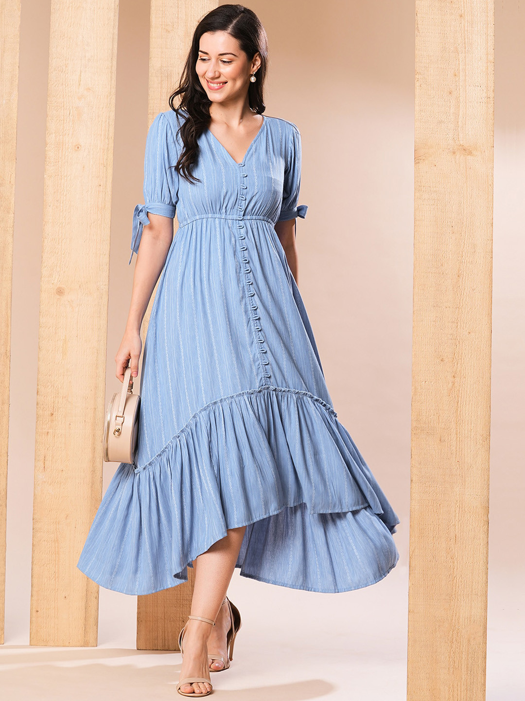 Globus Self Design Gathered Waist High-Low Hem Fit & Flare Fusion Midi Dress