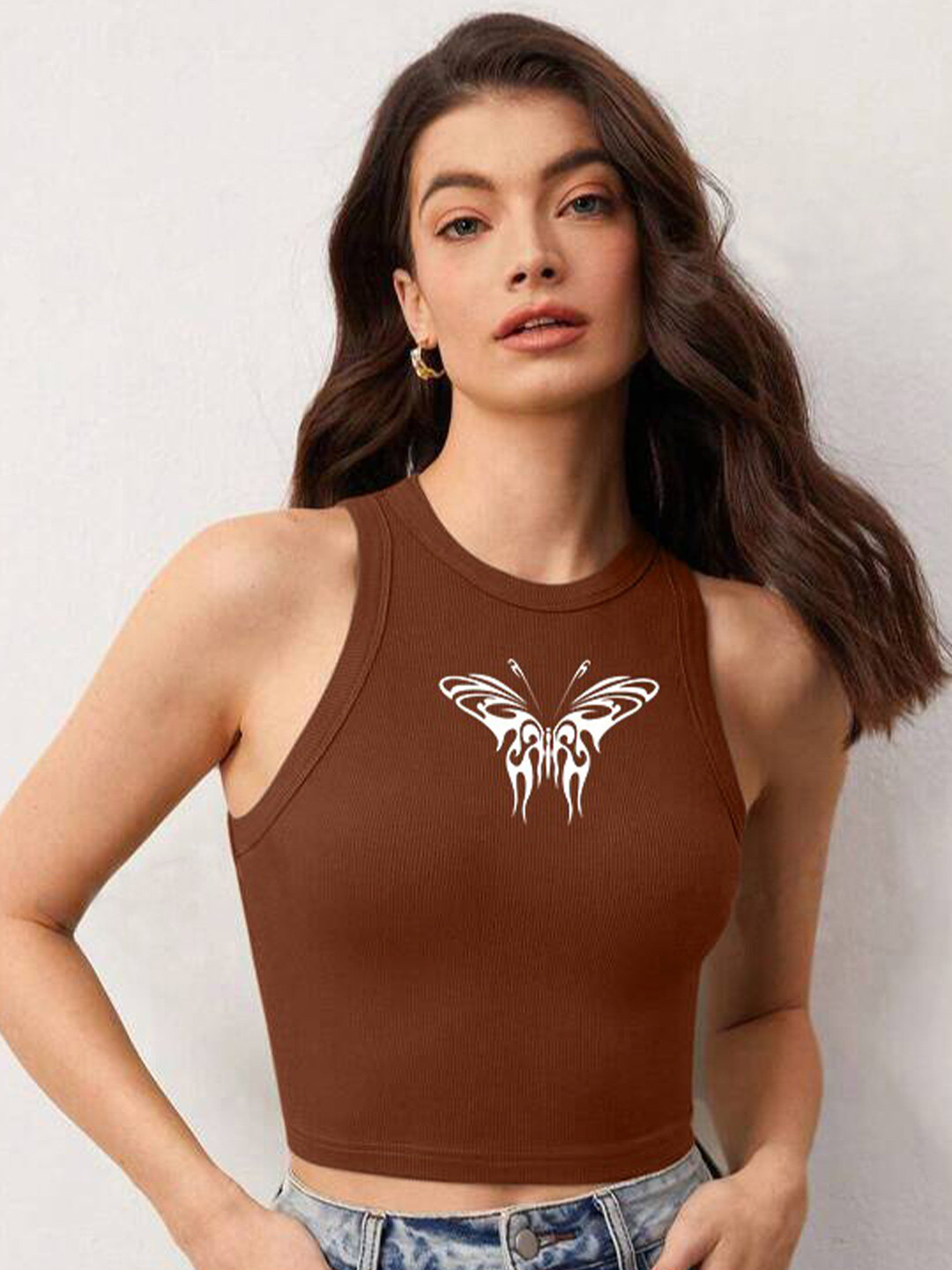 TABADTOD Conversational Printed Ribbed Stretchable Tank Crop Top