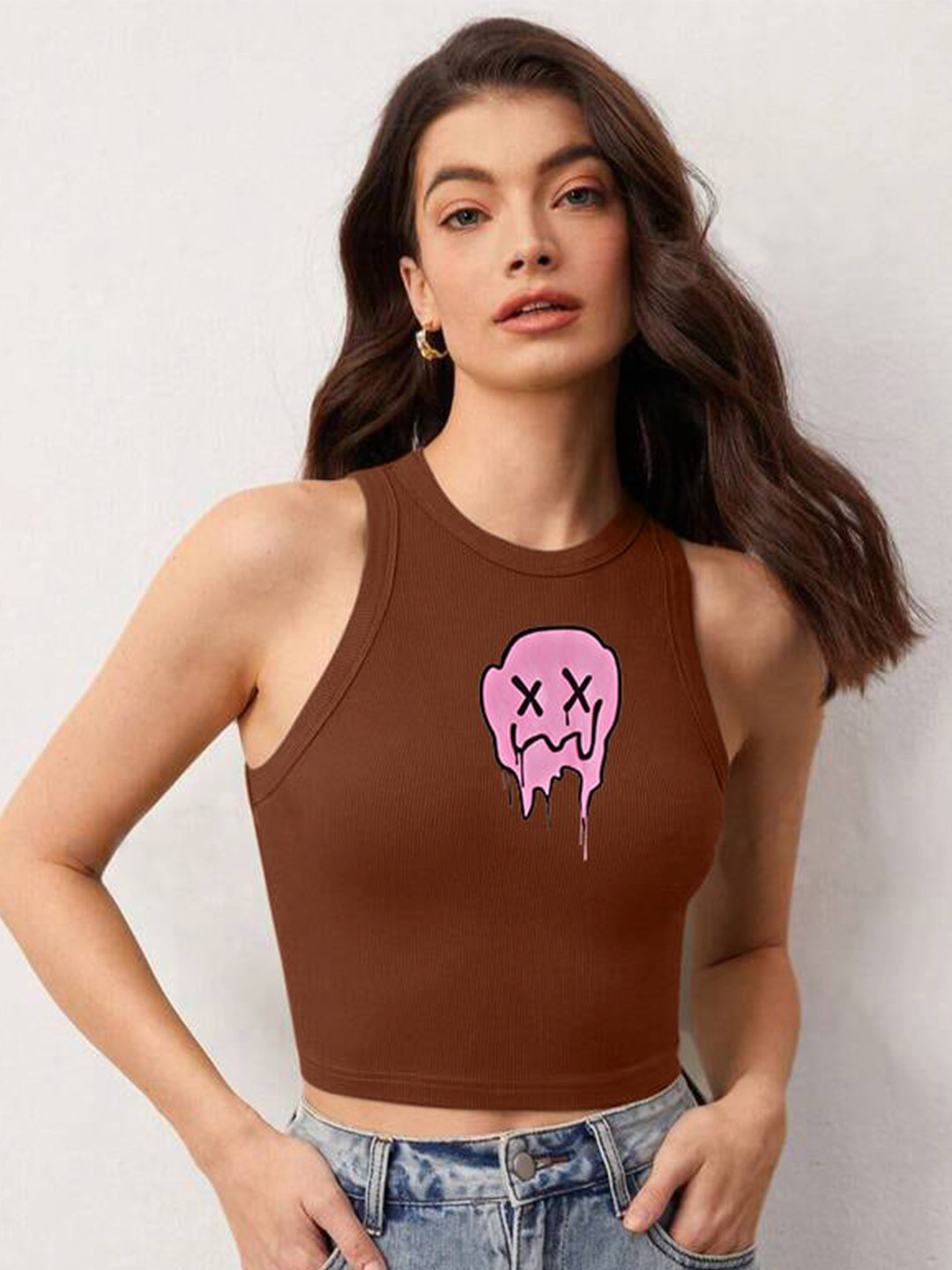 TABADTOD Graphic Printed Ribbed Stretchable Tank Crop Top