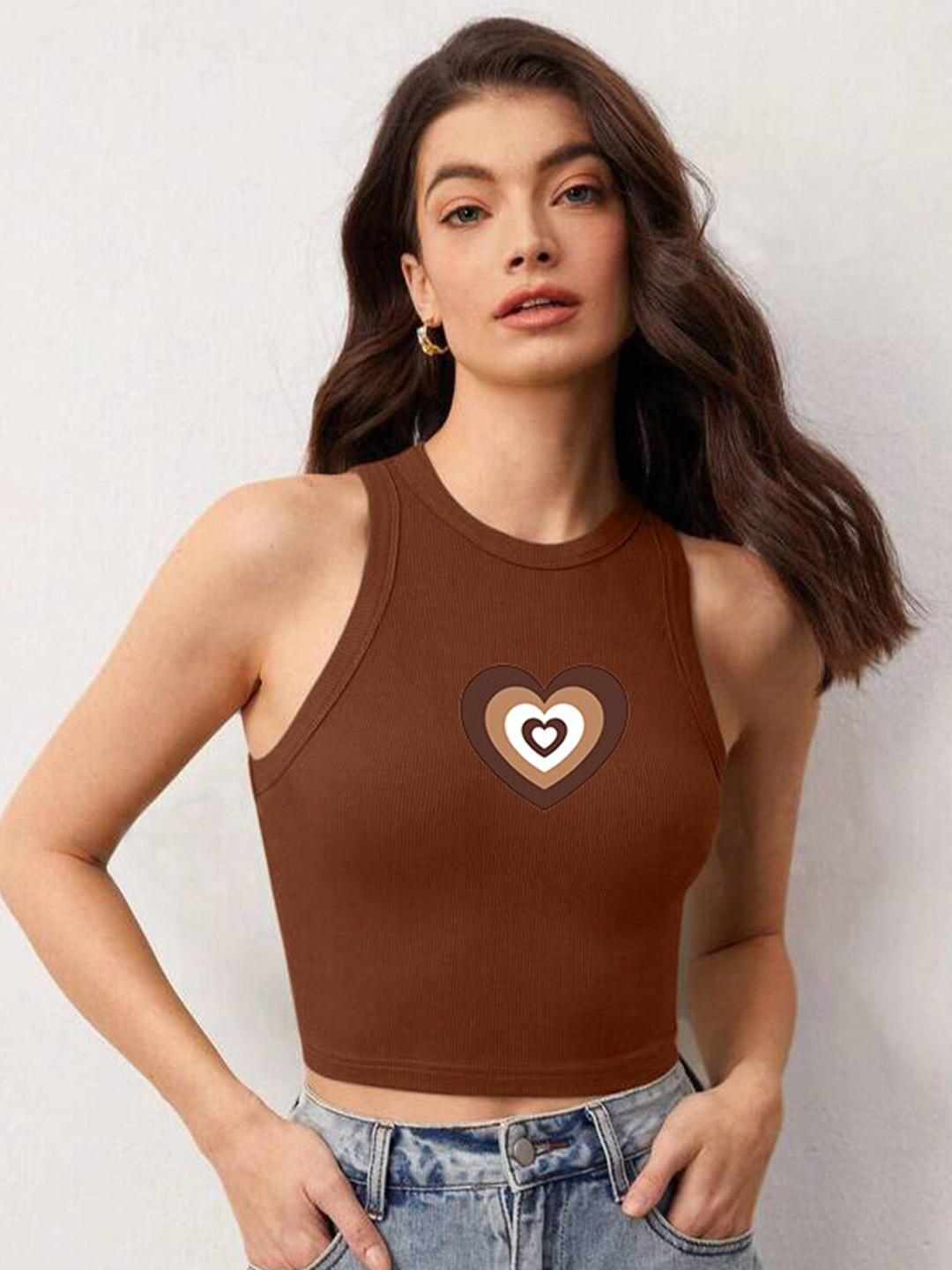 TABADTOD Brown & White Graphic Crop Tank Top
