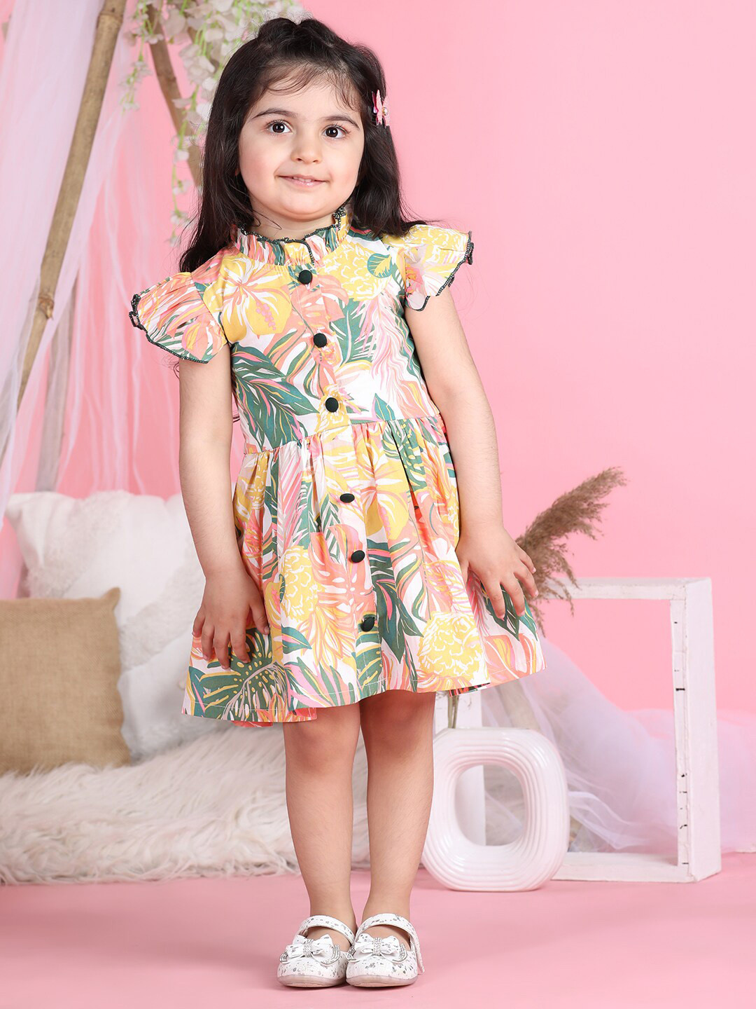 Cutiekins Girls Floral Print Mock Neck Flutter Sleeve Fit & Flare Dress