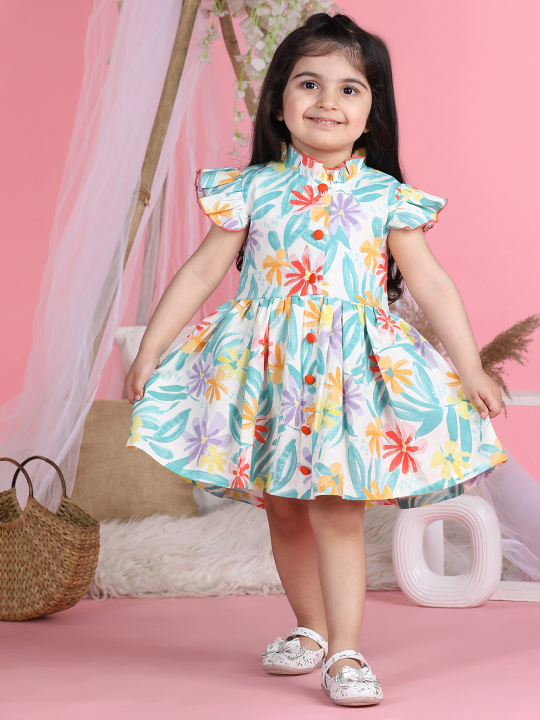 Cutiekins Girls Mock Neck Floral Print Flutter Sleeve Fit & Flare Dress