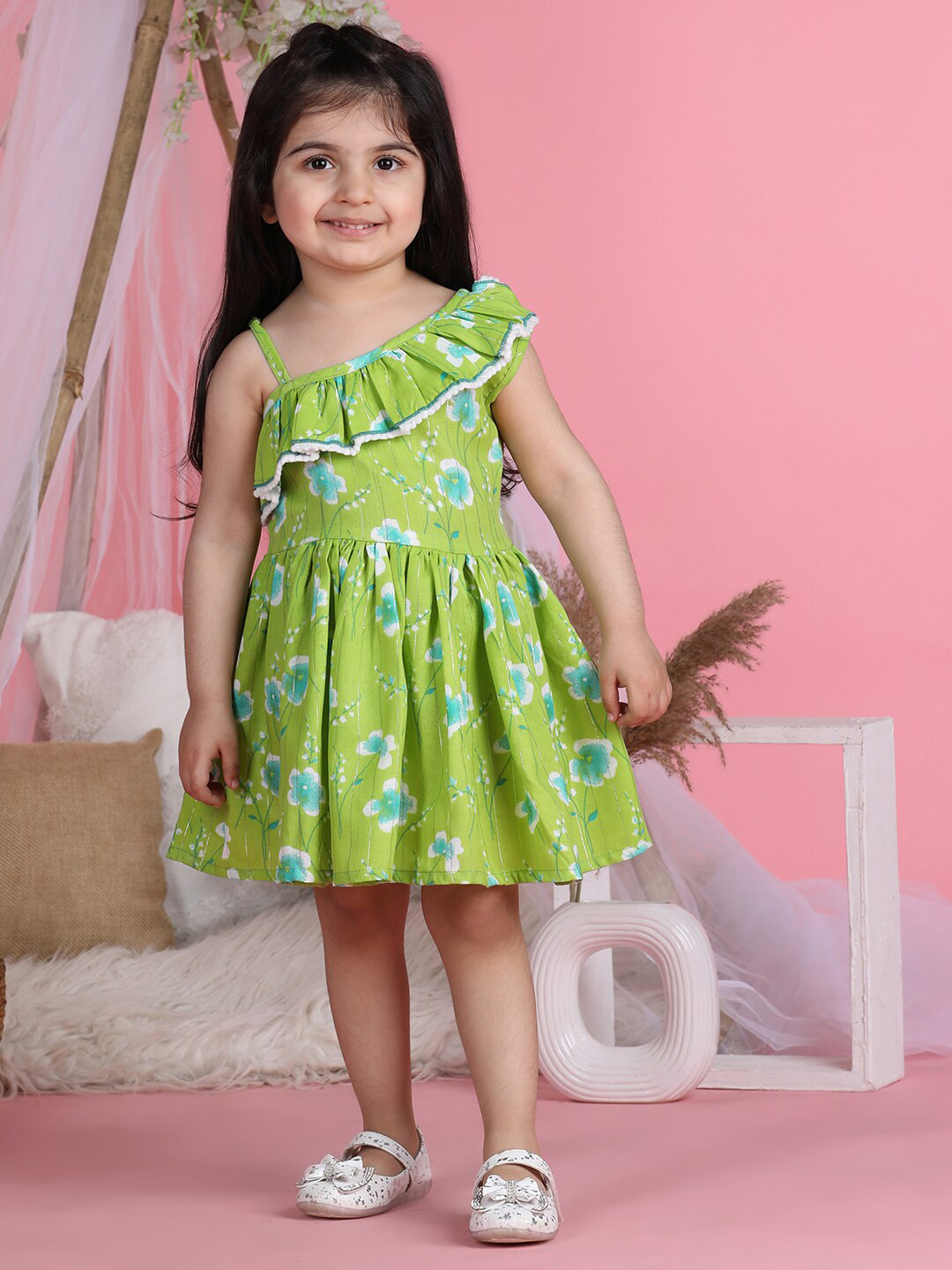 Cutiekins Girls Floral Printed Cotton Flared Pom-Pom Fit & Flare Dress