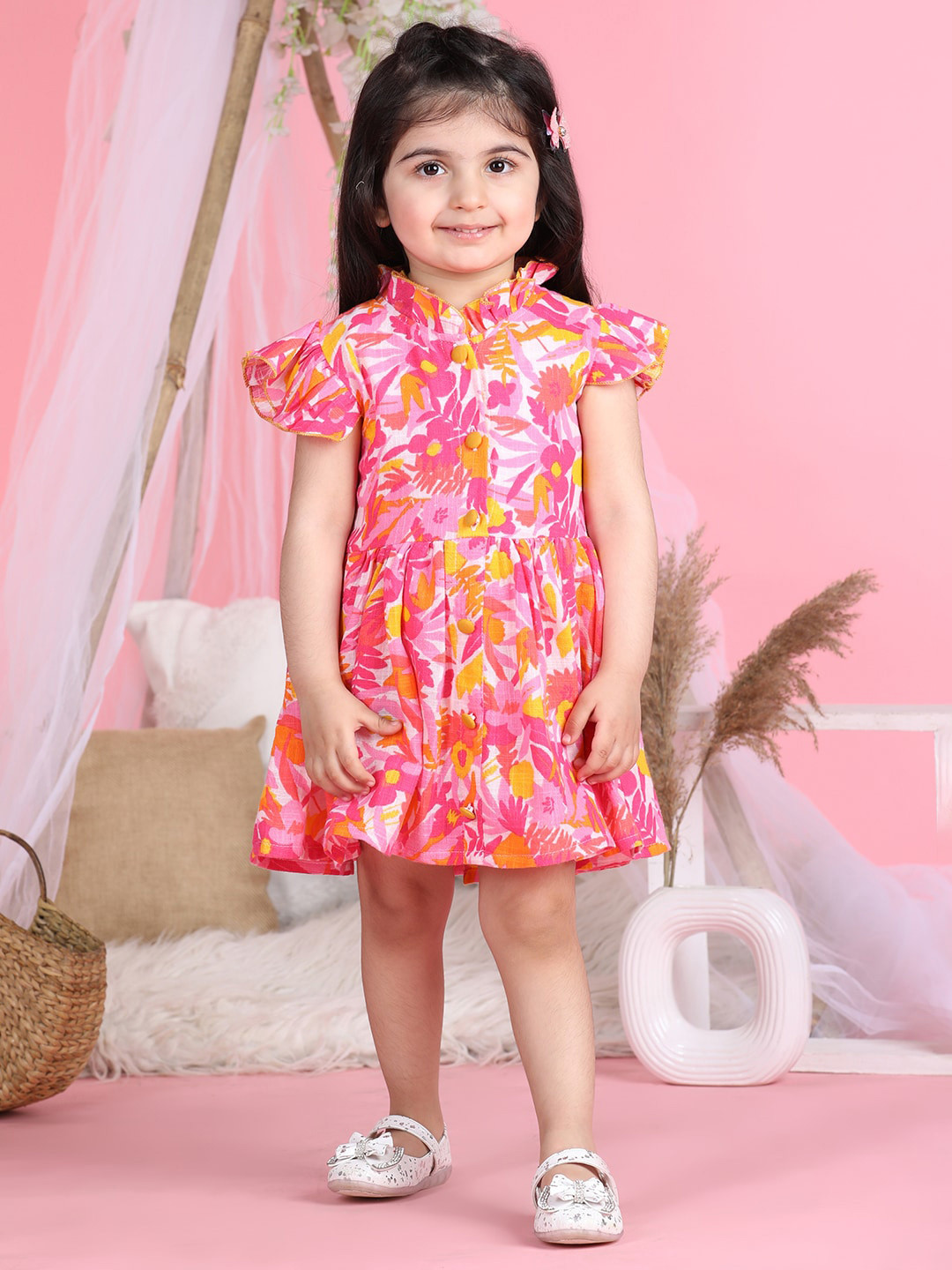 Cutiekins Girls Floral Printed Cotton Flounce A-Line Dress