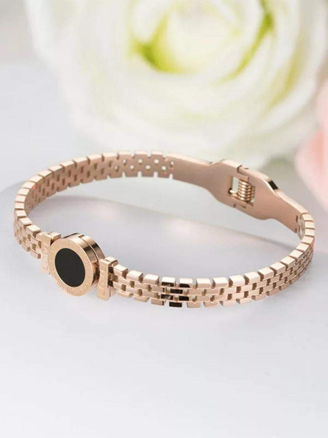 MEENAZ Stainless Steel American Diamond Studded Rose Gold-Plated Kada Bracelet
