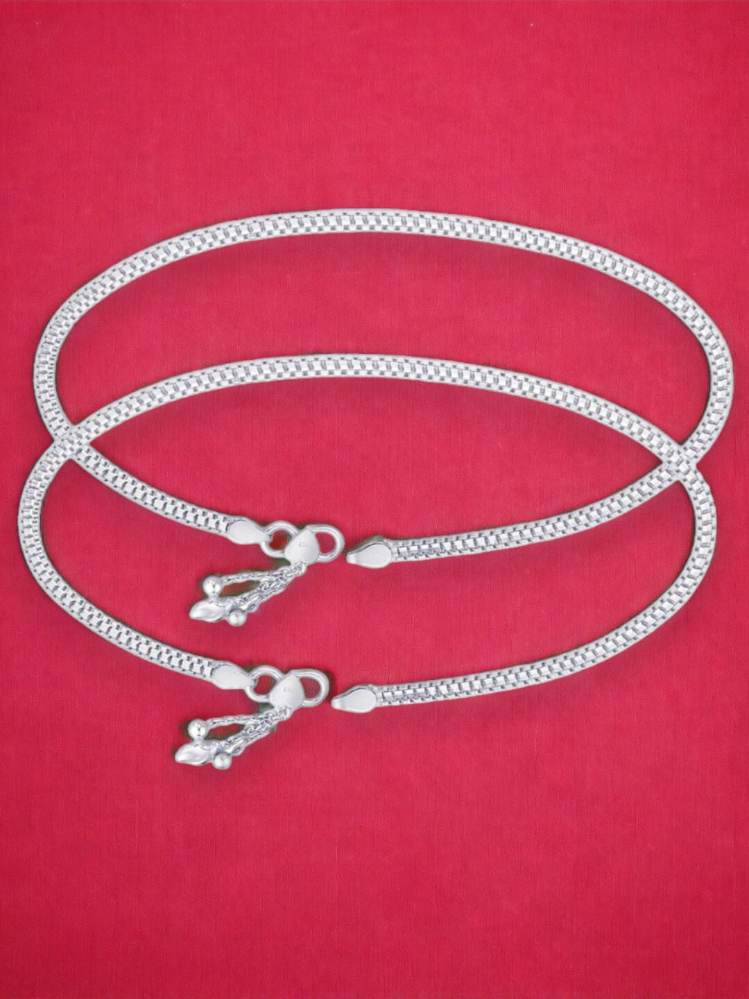 Taraash Set of 2 925 Sterling Silver Single Line Plain Ending with Charm Anklets