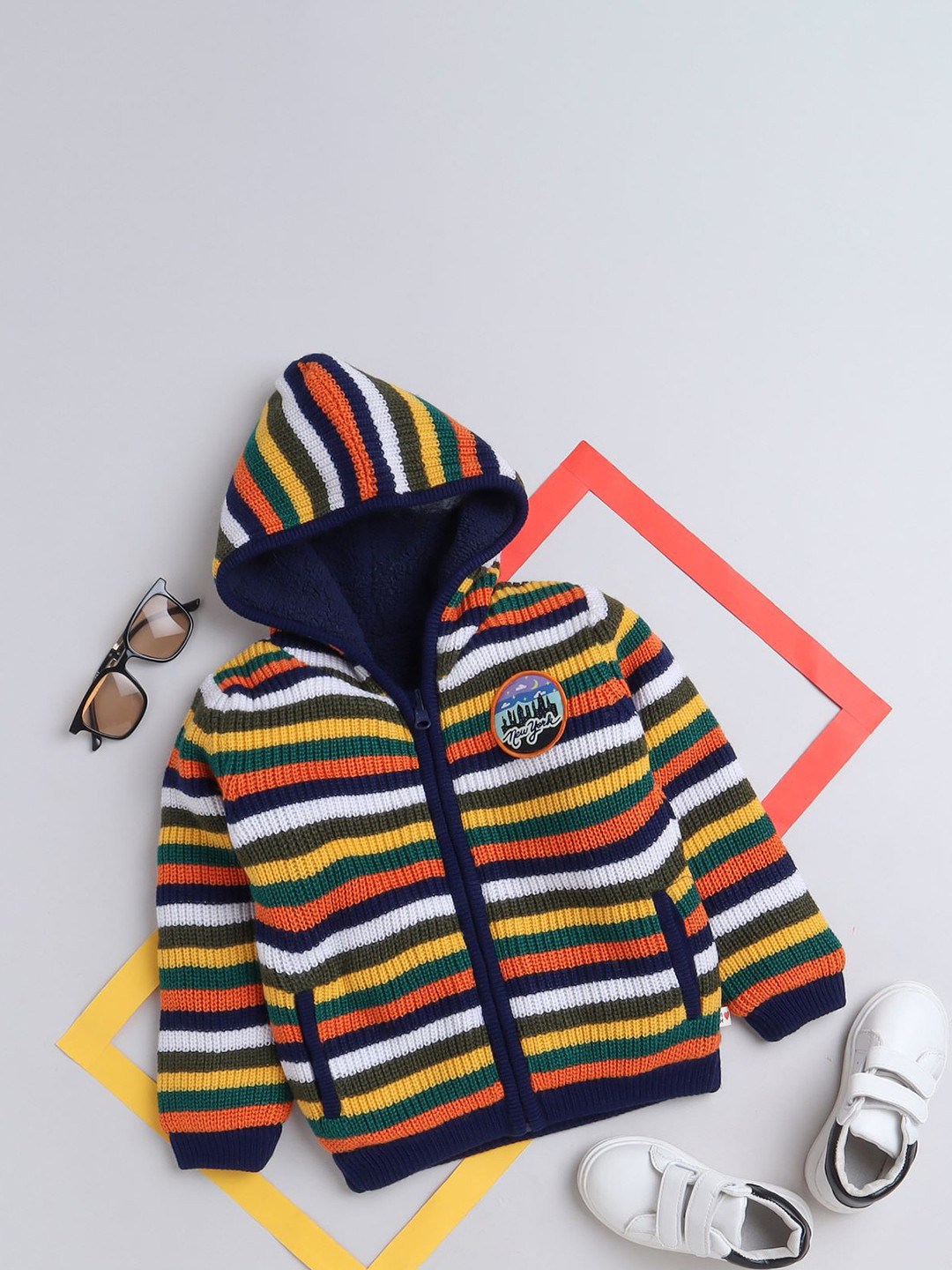 Yellow Apple Girls Striped Hooded Woollen Pullover Sweater