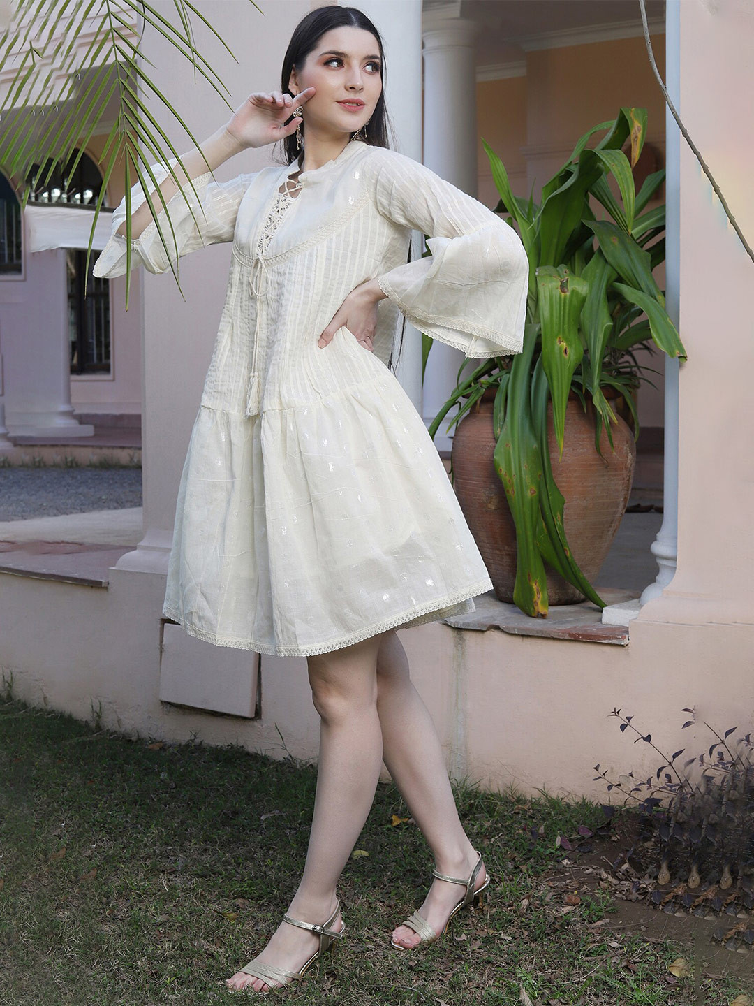 Saanjh Floral Printed Zari Work Tie-Up Neck Bell Sleeves Cotton A-Line Dress