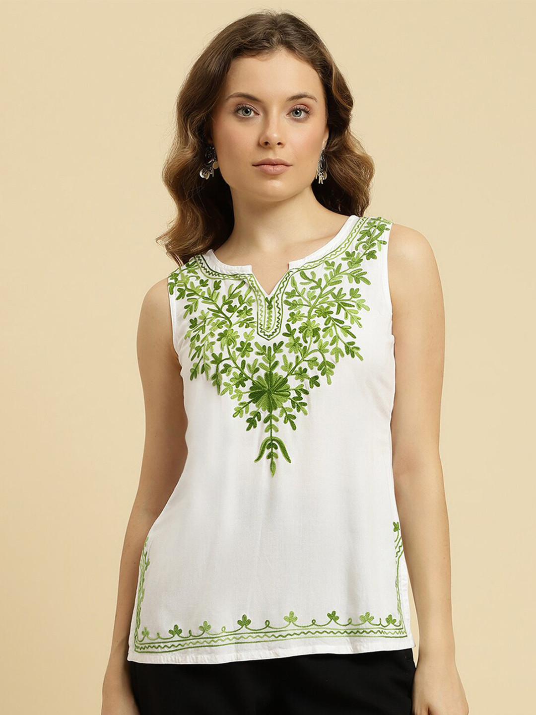 QAZMI Kashmiri Aari Embroidery Work Sleeveless Kurti