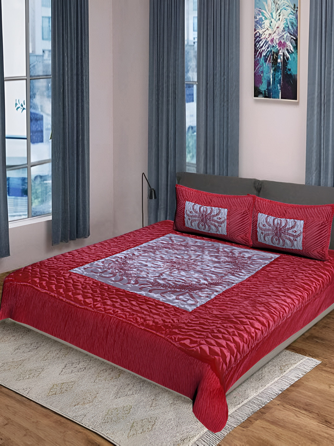 KEERRAZ Peach & Grey Floral 210 TC Queen Bedsheet with 2 Pillow Covers