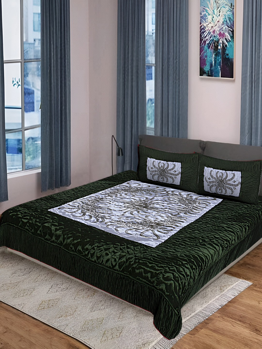 KEERRAZ Olive Green & White Floral 210 TC Queen Bedsheet with 2 Pillow Covers