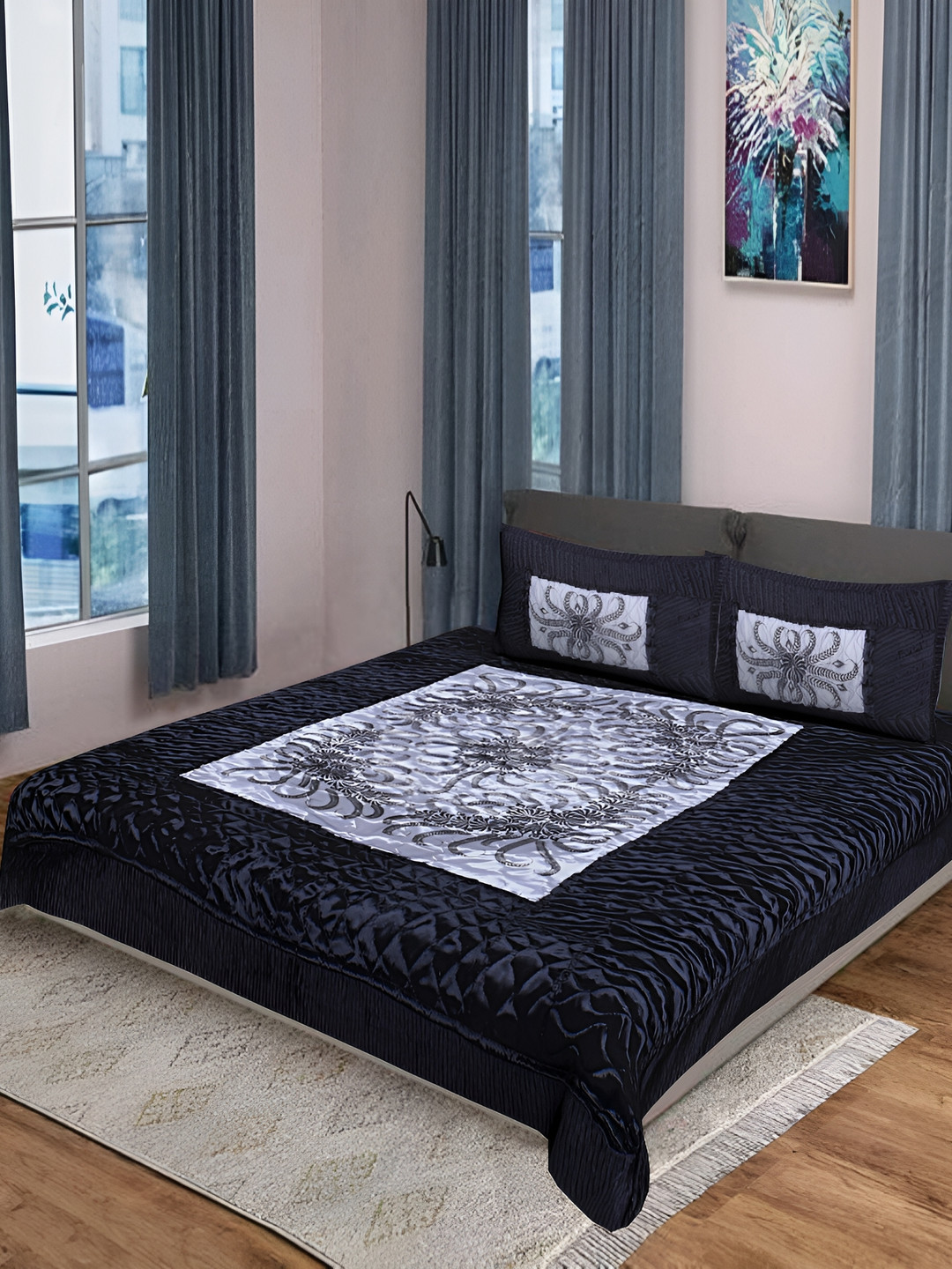 KEERRAZ Grey & White Floral 210 TC Queen Bedsheet with 2 Pillow Covers