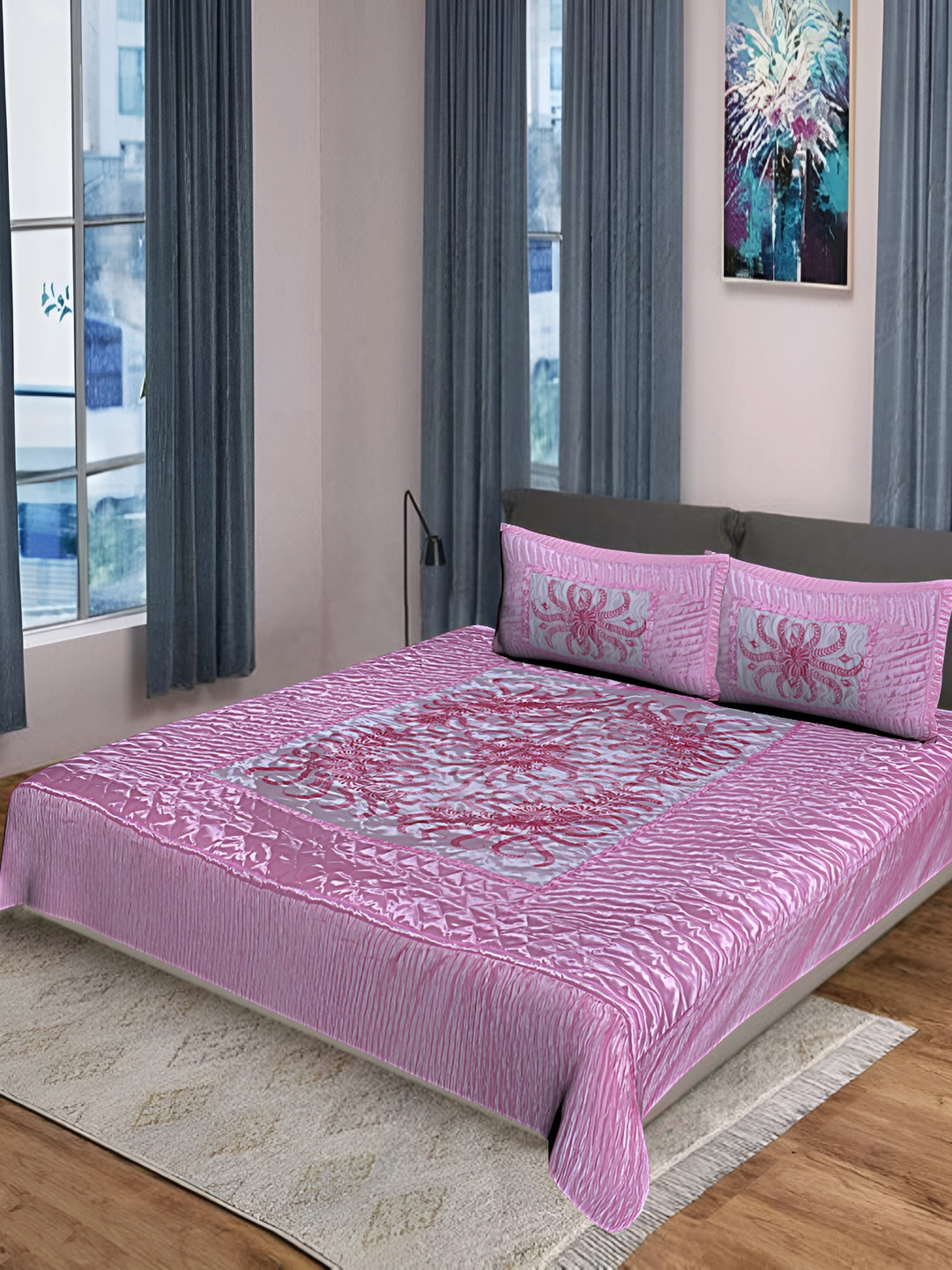KEERRAZ Pink & White Floral 210 TC Queen Bedsheet with 2 Pillow Covers