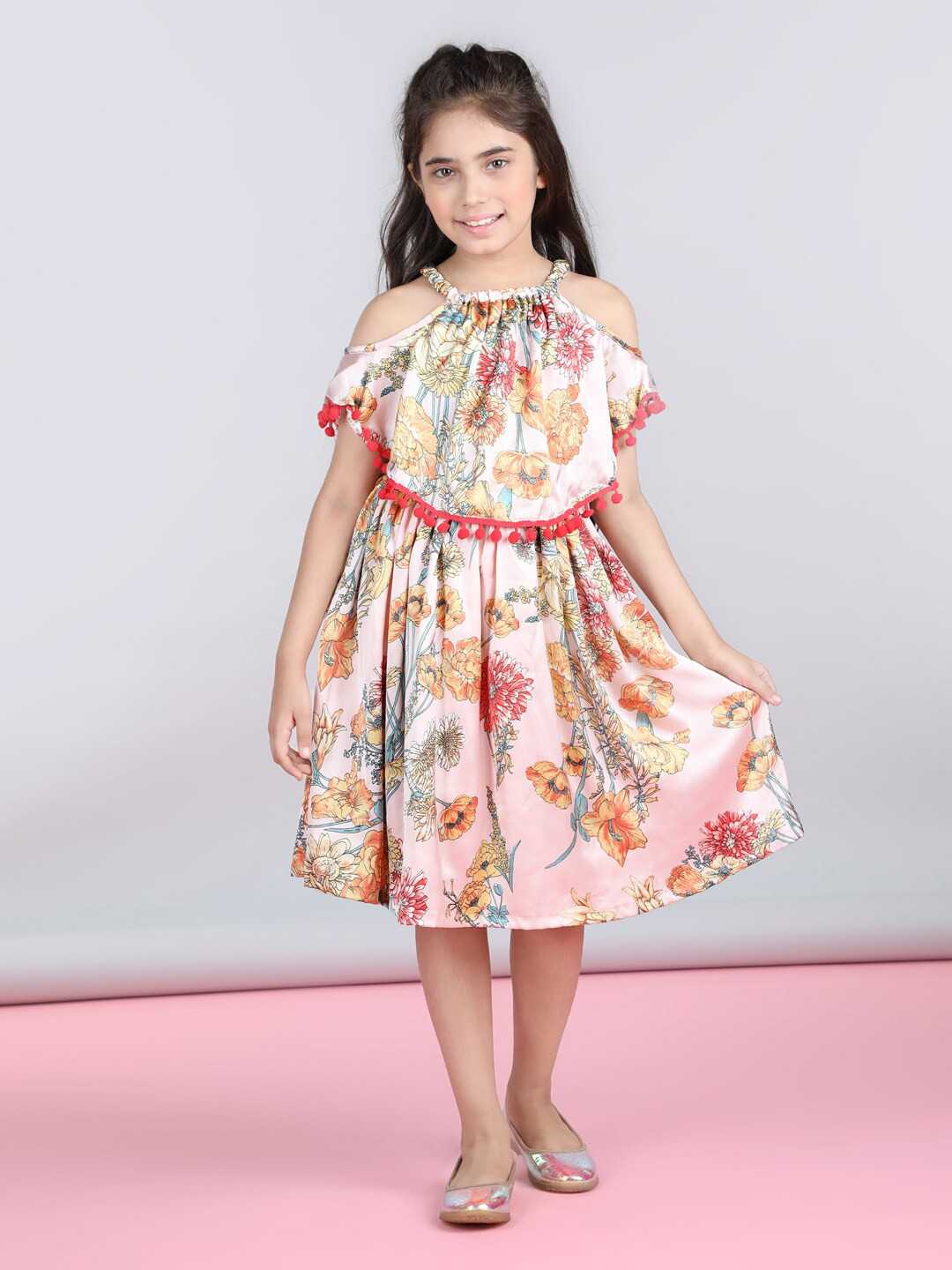 StyleStone Girls Floral Printed Cape Sleeve Pom Pom Tie Up Satin A-Line Dress