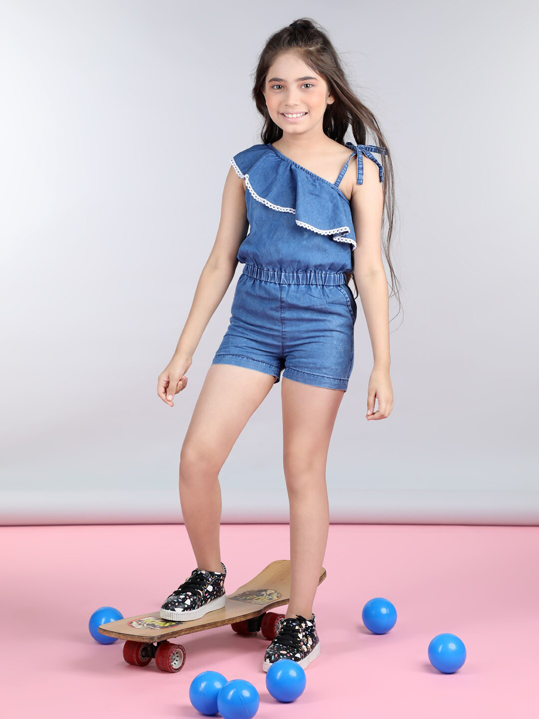 StyleStone Girls Blue One Shoulder Ruffles Cotton Playsuit