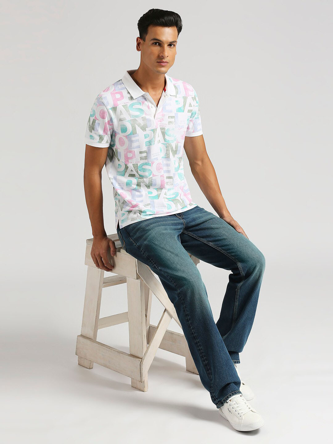 Pepe Jeans Rainbow Typography Printed Polo Collar Pure Cotton T-shirt